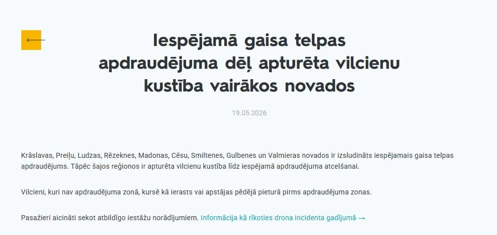 Движение поездов остановлено на востоке Латвии из за возможных угроз в воздушном пространстве говорится на сайте оператора пассажирских ж д перевозок Pasazieru vilciens   Telegram MAX Читать эксклюзив