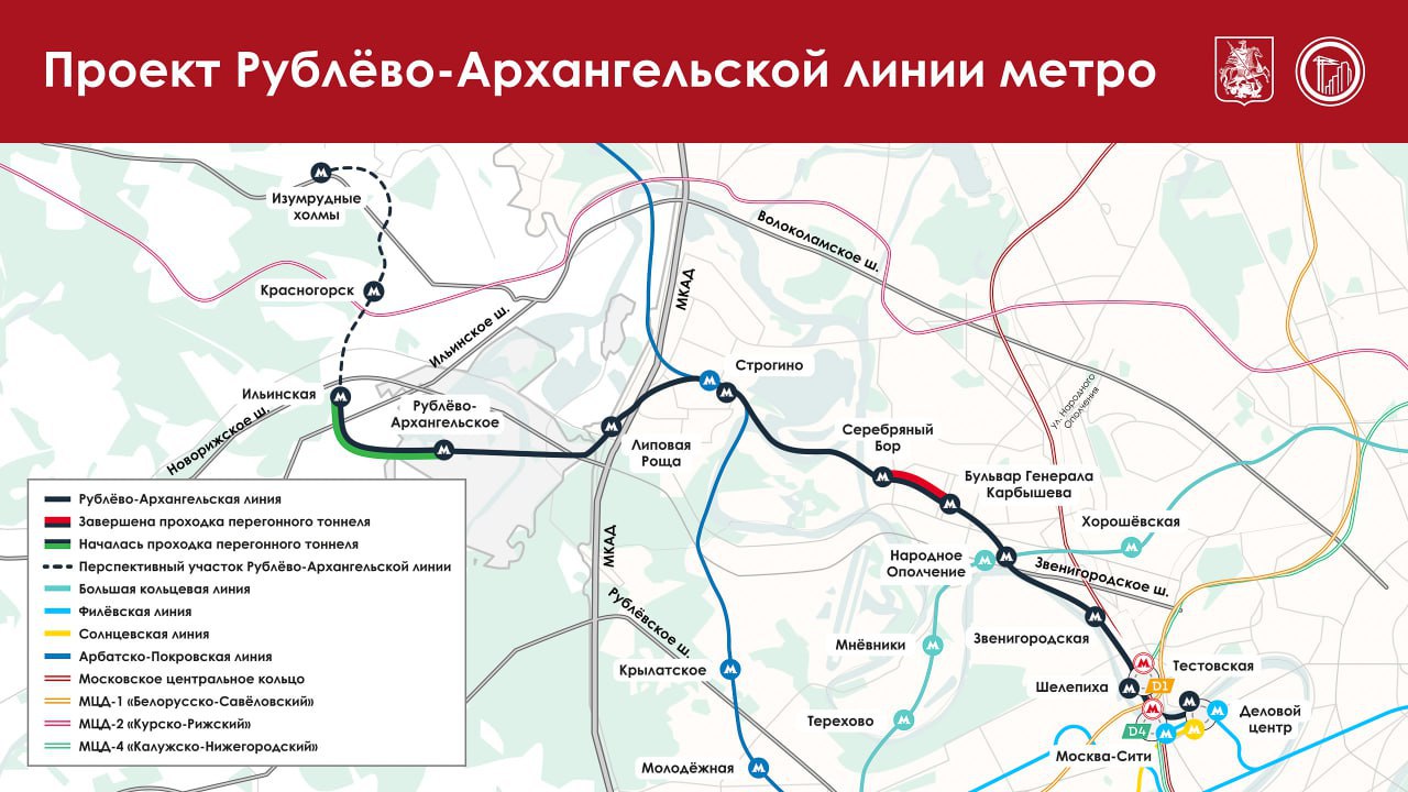 Завершена проходка тоннеля на участке между станциями Бульвар Генерала Карбышева и Серебряный Бор строящейся Рублево Архангельской линии метро сообщил Сергей Собянин Щит гигант Лилия диаметром 10 метров прошел 850 м под жилыми кварталами района Хорошево Мневники вскоре щит начнет проходку до станции Строгино под поймой Москвы реки и Большим Строгинским затоном Кроме того сегодня в День метростроителя дан старт щитовой проходки правого перегонного тоннеля на участке Рублево Архангельской линии между станциями Рублево Архангельское и Ильинская Длина тоннеля который проложит ТПМК София составит 2 52 км Подпишись на Агентство Москва