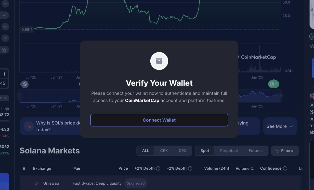 CoinMarketCap ночью взломали На сайте наблюдались всплывающие окна с предложением верифицировать кошелек Ничего не подключайте, иначе потеряете крипту! Проблему уже решают Crypto