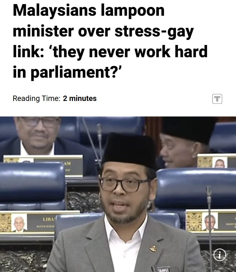 Стресс на работе превращает мужчин в геев заявил министр по делам религии Малайзии Люди приходят к ЛГБТ не только из за социальной среды сексуального опыта и недостаточной религиозной практики но также из за стресса от давления начальства на работе уверен Зулькифли Хасан Движение ЛГБТ признано экстремистским и запрещено в России Прямой эфир Наш MAX