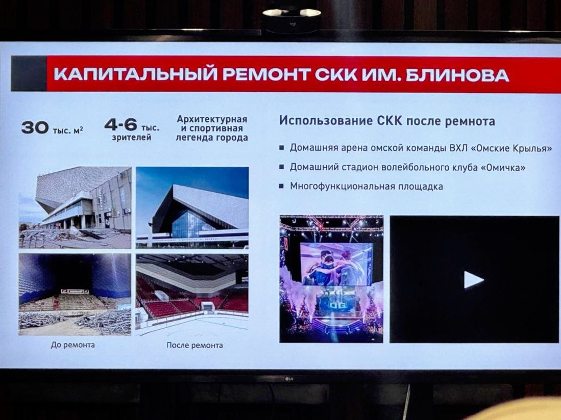 СКК имени В. Блинова планируют открыть в сентябре 2025 года  Об этом сообщил перед открытой тренировкой «Авангарда» пресс-атташе клуба Никита Бахуров.    Уже полностью заменены коммуникации, кресла. В здании появятся места для отдыха и фуд-корты. Сейчас рабочие обновляют стеклянный фасад спортивного комплекса.  СКК станет постоянной площадкой для хоккейной команды высшей лиги «Омские крылья» и волейбольного клуба «Омичка». Будут проводиться и культурные мероприятия различного формата.   : Омск_путеводитель  Подписаться Написать в редакцию