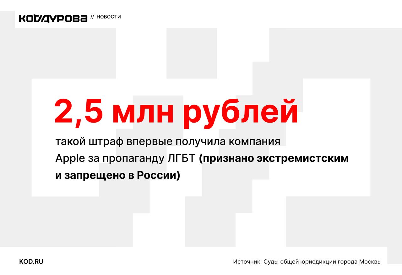 Первый штраф Apple за пропаганду ЛГБТ Apple признана виновной по ч. 3 ст. 6.21.2 КоАП за пропаганду нетрадиционных сексуальных отношений. Ответчиком выступила Apple Distribution International LTD — основной владелец ООО «Эппл Рус» «дочка» Apple . Дело об административном правонарушении по статье о пропаганде ЛГБТ и смены пола возбудили в конце апреля. Максимальное наказание по указанной статье — штраф 4 млн рублей и/или приостановление деятельности на срок до 90 суток. признано экстремистским и запрещено в России Подписаться