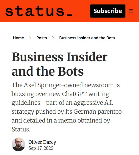 Business Insider официально разрешил журналистам использовать ИИ для подготовки черновиков статей При этом читателей не будут уведомлять какие публикации созданы с его помощью В служебной записке главного редактора Джейми Хеллера отмечается что сотрудники могут применять любые ИИ инструменты для исследовательской работы редактирования изображений и верстки материалов Таким образом Business Insider стал первым крупным изданием официально закрепившим такую практику Breaking Trends