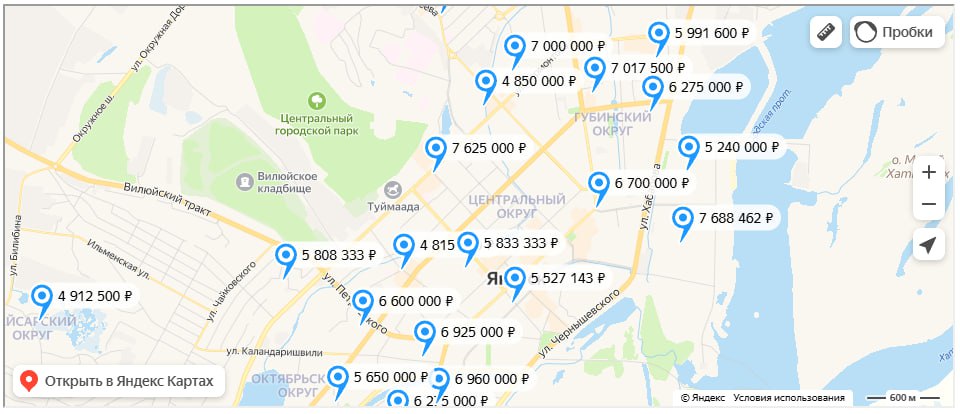 Средняя цена на квартиры в Якутске - анализ данных от DoskaYkt  Наш сервис DoskaYkt представил данные за январь 2025 года. Мы выяснили, что средняя цена на однокомнатные квартиры в Якутске составила 5 944 205 рублей на вторичном рынке.    Также мы посмотрели, как отличаются цены в зависимости от района города. Например, самые дешевые квартиры в районе ГРЭС, а самая дорогие — в 203 микрорайоне и в районе Крестьянского рынка.   Также для удобства читателей мы составили интерактивную карту для наглядности, сообщает портал Ykt.ru         Цены   Yakutsk News