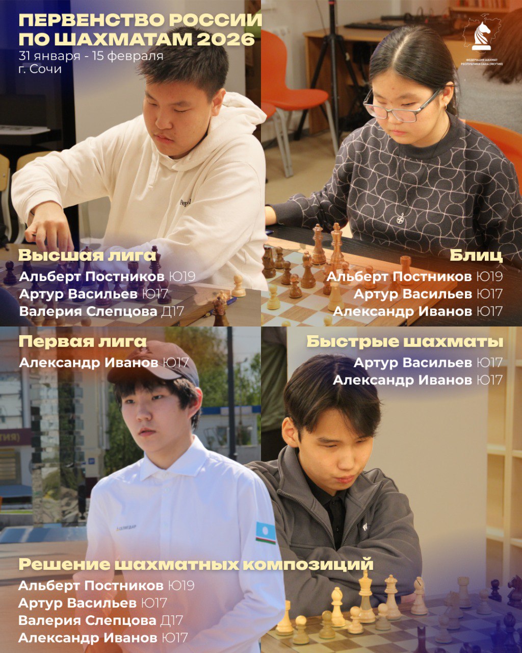В Сочи начались детско юношеские первенства России Турниры продлятся до 15 февраля Спортсмены разыграют медали в соревнованиях по классическим шахматам Высшая и Первая лиги рапиду блицу и решению шахматных композиций в возрастных группах до 9 11 13 15 17 и 19 лет Участвуют около 1000 юных спортсменов со всей страны Сборную Республики Саха Якутия представляют Альберт Постников Валерия Слепцова Артур Васильев Александр Иванов Расписание соревновательных дней 1 2 февраля Первенство России по решению шахматных композиций 3 февраля Первенство России по блицу 4 5 февраля Первенство России по быстрым шахматам 6 14 февраля Первенство России Высшая и Первая лиги Следим за выступлениями наших ребят и болеем за них Вперед к победам   Update Валерия также участвует в блице и рапиде Альберт тоже будет участвовать в рапиде