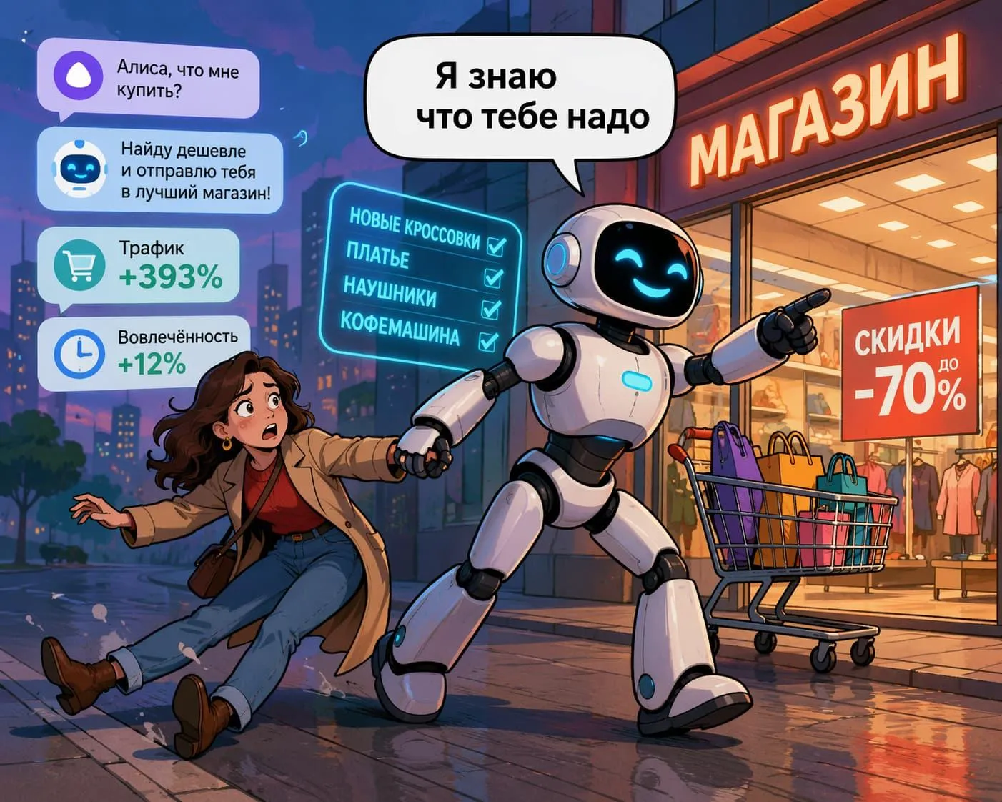 Пока вы согласовываете новый рекламный макет Данные Adobe за первый квартал 2026 го ИИ ассистенты нагнали американским ретейлерам на 393 больше трафика чем год назад 39 американцев признались что покупают через ИИ и 85 из них говорят так лучше И эти люди не просто заходят и уходят Вовлечённость выше на 12 конверсия лучше времени на сайте больше ИИ трафик это не боты это горячая аудитория с намерением купить В России треть покупателей онлайн уже тоже ориентируются на ИИ при выборе А Яндекс со своим агентом Найти дешевле внутри Алисы методично приучает людей не искать магазин самостоятельно пусть машина сама найдёт дешевле Для ритейлеров новый вопрос может звучать так как понравиться не покупателю а ИИ который за него решает Ну и да всё это работает ровно до тех пор пока работает интернет В случае чего кожаные мешки снова возьмут дело в свои руки и сами разберутся что лучше и дешевле MAX Дзен VK Telegram МагМаг Новости ритейл тренды ИИ маркетплейс