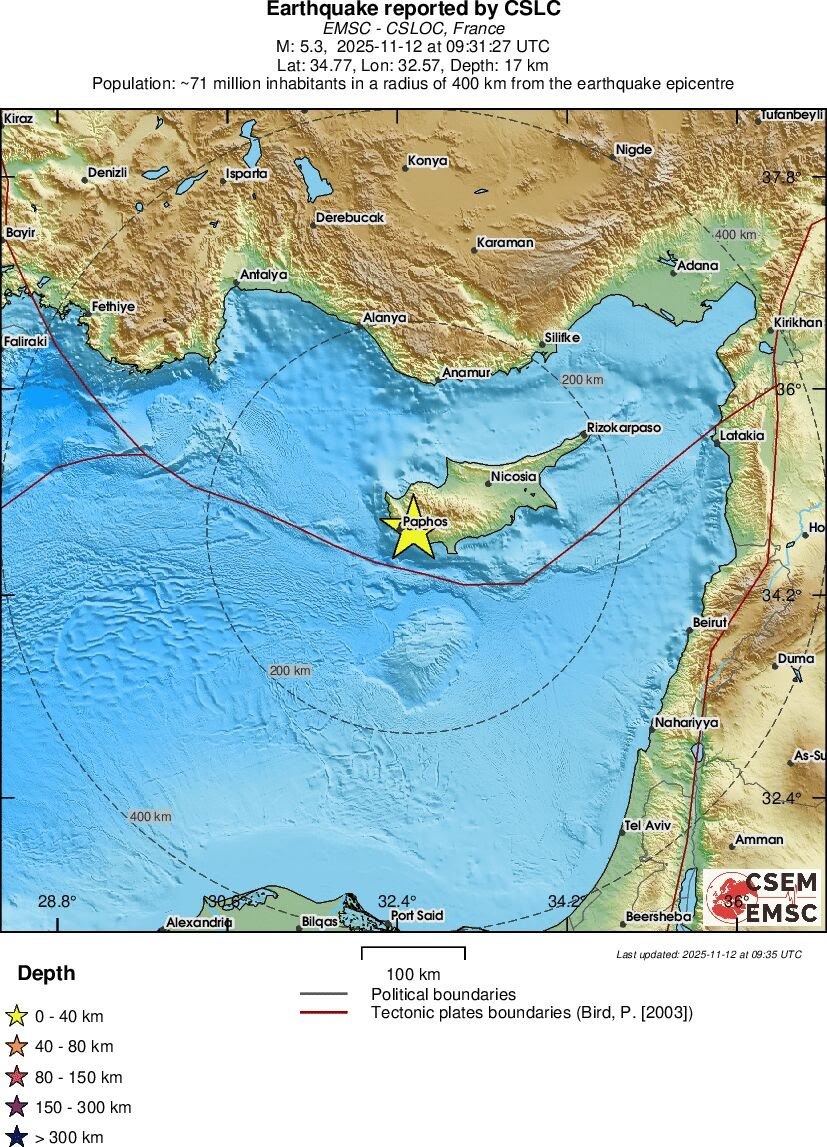 Землетрясение магнитудой 5 2 произошло на западе Кипра в 12 31 по московскому времени Очаг залегал на глубине 10 км Эпицентр располагался в 6 км от города Пафос Природные Катаклизмы новости