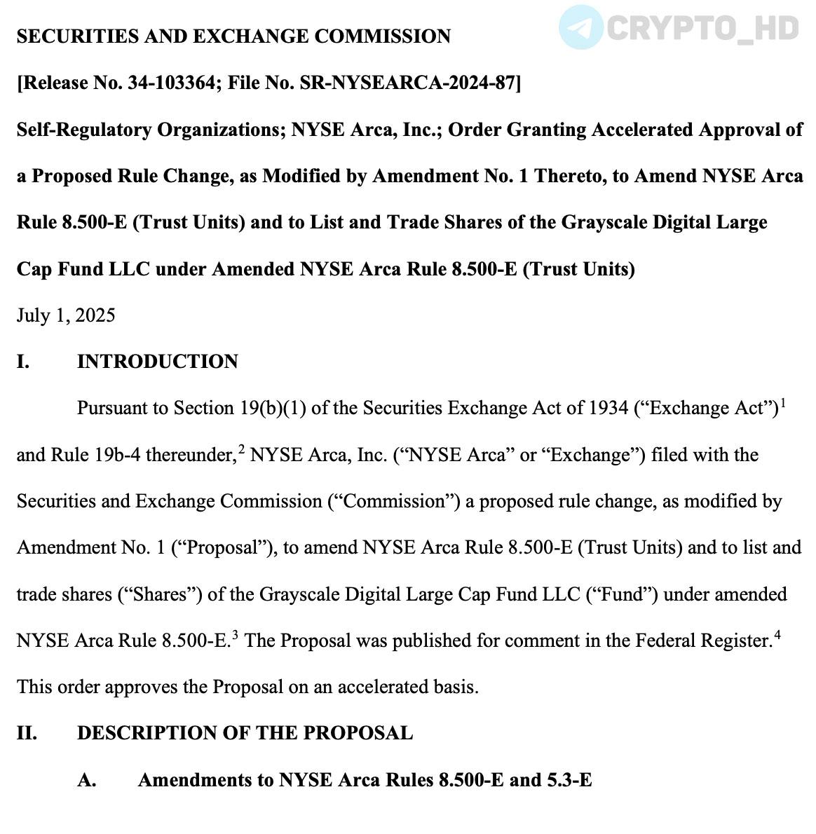 SEC одобрила преобразование Grayscale Digital Large Cap Fund в ETF – документ  Grayscale Digital Large Cap Fund позволяет инвестировать в #BTC, #ETH, #XRP, #SOL и #ADA.  Crypto Headlines