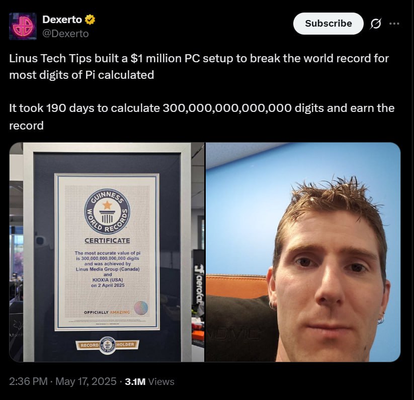 Автор Ютуб-канала Linus Tech Tips потратил миллион долларов на сборку серверной установки, чтобы побить мировой рекорд по количеству вычисленных цифр числа Пи. Рекорд был не просто побит — он был полностью уничтожен. Вместо предыдущего рекорда в ~200 триллионов цифр, Линус и его команда вычислили 300 квинтиллионов 300 000 000 000 000 000 000 цифр Пи. На это ушло 190 дней непрерывных вычислений. Чтобы хранить этот объём данных, потребовалось 2,2 петабайта 2200 терабайт памяти — примерно 11,7 миллиарда страниц с числами. Именно хранение данных, а не вычисления, оказалось самой затратной частью — весь проект стоил порядка $1 млн, не считая $6300 на электричество. И всё это ради числа, которое никто никогда не прочитает целиком. А ты чем занимался на выходных?
