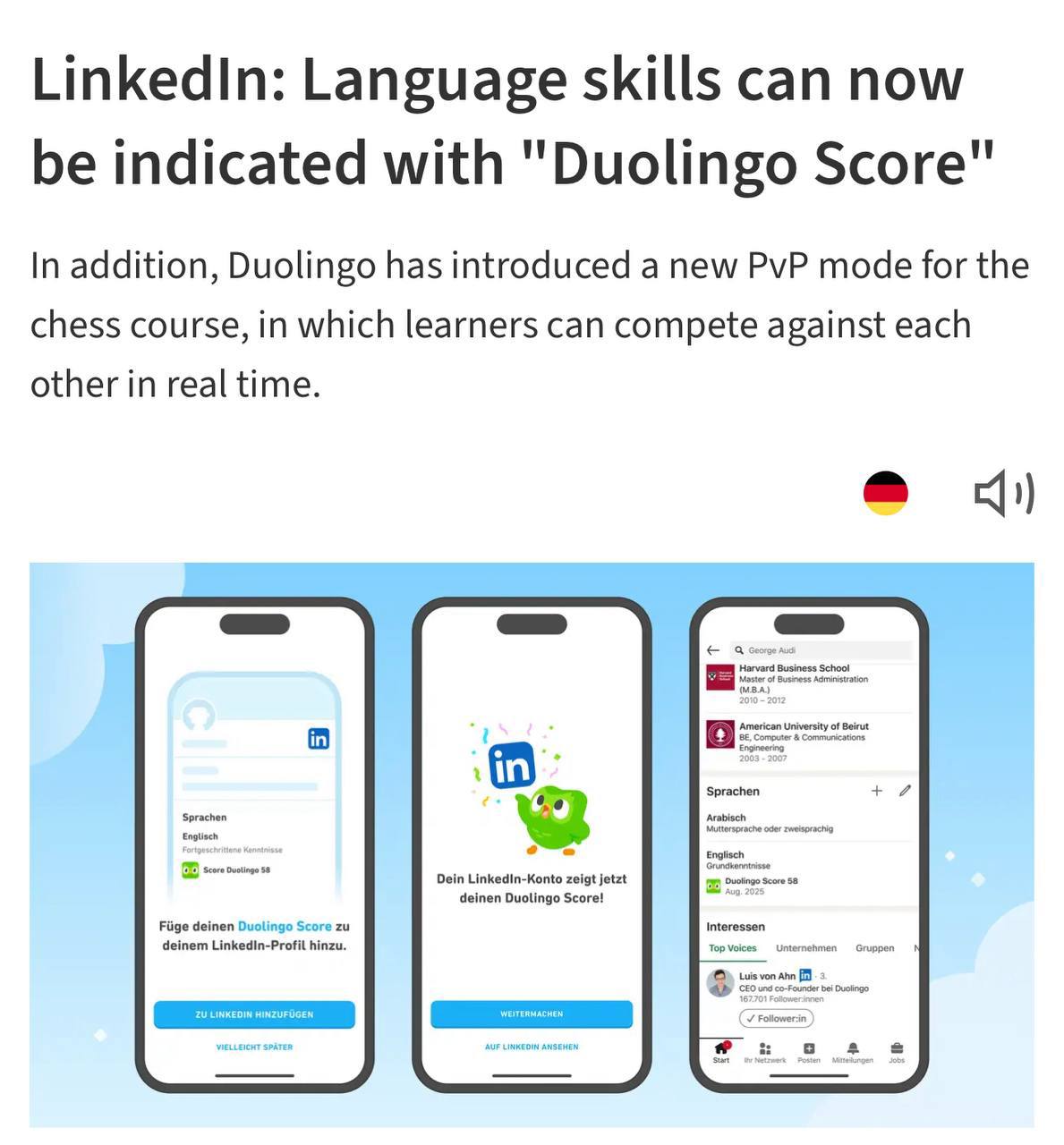 LinkedIn в колабе с Duolingo теперь будет отображать уровень владения иностранным языком Для этого нужно синхронизировать свои учетные записи Эти данные будут прозрачным подтверждением приобретенных языковых навыков Предыдущие описания такие как уровень разговорной речи или продвинутый уровень расплывчаты и не так понятны как эта простая оценка Мен всегда удивляли кандидаты которые указывают в резюме уровень владения языка С1 или С2