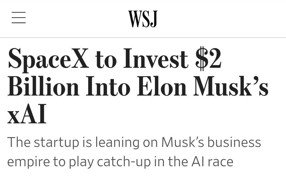 SpaceX инвестирует $2 млрд в компанию xAI, которая разрабатывает ИИ-модель Grok. Это почти половина от суммы уже недавно привлеченного капитала, пишет The Wall Street Journal.