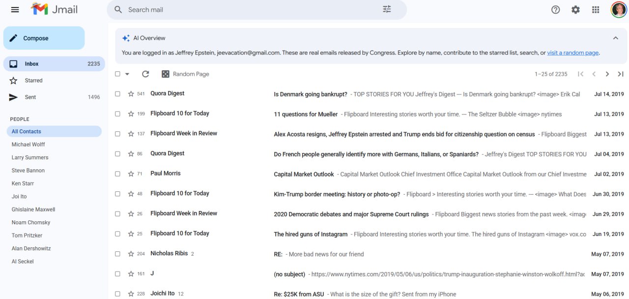 Почта Эпштейна доступна в удобном формате Двое разработчиков из Сан Франциско с помощью AI за несколько дней создали работающую веб копию почты Джеффри Эпштейна Они взяли более двух тысяч писем опубликованных Комитетом надзора Палаты представителей США и перенесли их в интерфейс который почти полностью повторяет Gmail Внутри доступны поиск фильтры сортировка и полноценные цепочки писем Архив включает переписки Эпштейна с Биллом Гейтсом Питером Тилем Джеффом Безосом а также письма которые он писал сам себе Ранее эти материалы были доступны только в виде неудобных и фрагментированных документов Авторы проекта говорят что их цель сделать публичные данные читабельными а не эпатировать Интерфейс делает чтение архива странно повседневным и усиливает эффект вторжения в личное пространство хотя сами документы уже находятся в открытом доступе   Включите уведомления чтобы не пропускать полезные советы по AI тренды странные штуки рекомендации сериалов фильмов книг и музыки   Если пост оказался вам полезен буду благодарен шеру danieltrbn