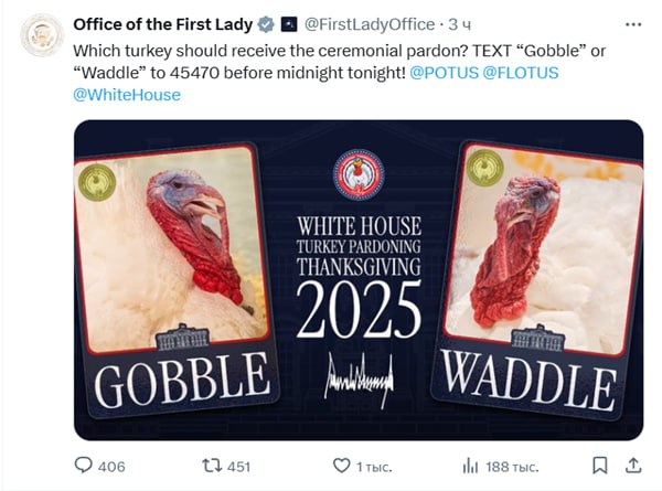 В США на официальном уровне выбирают индейку которую Трамп помилует на День Благодарения Официальный аккаунт Первой леди США Мелании Трамп выложил пост в котором призвал читателей голосовать либо за помилование Габбла либо за помилование Ваддла Лайф if market news