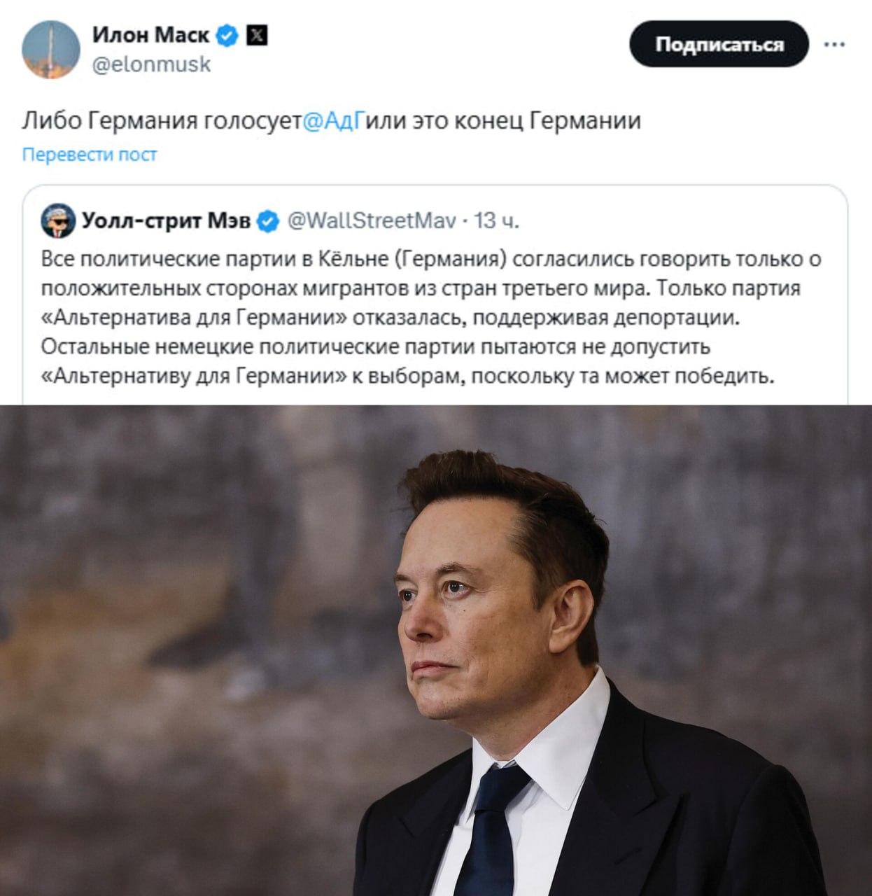 Либо Германия поддерживает АдГ либо стране грозит крах Илон Маск вновь призвал к голосованию за правопопулистскую партию Альтернатива для Германии на муниципальных выборах запланированных на сентябрь