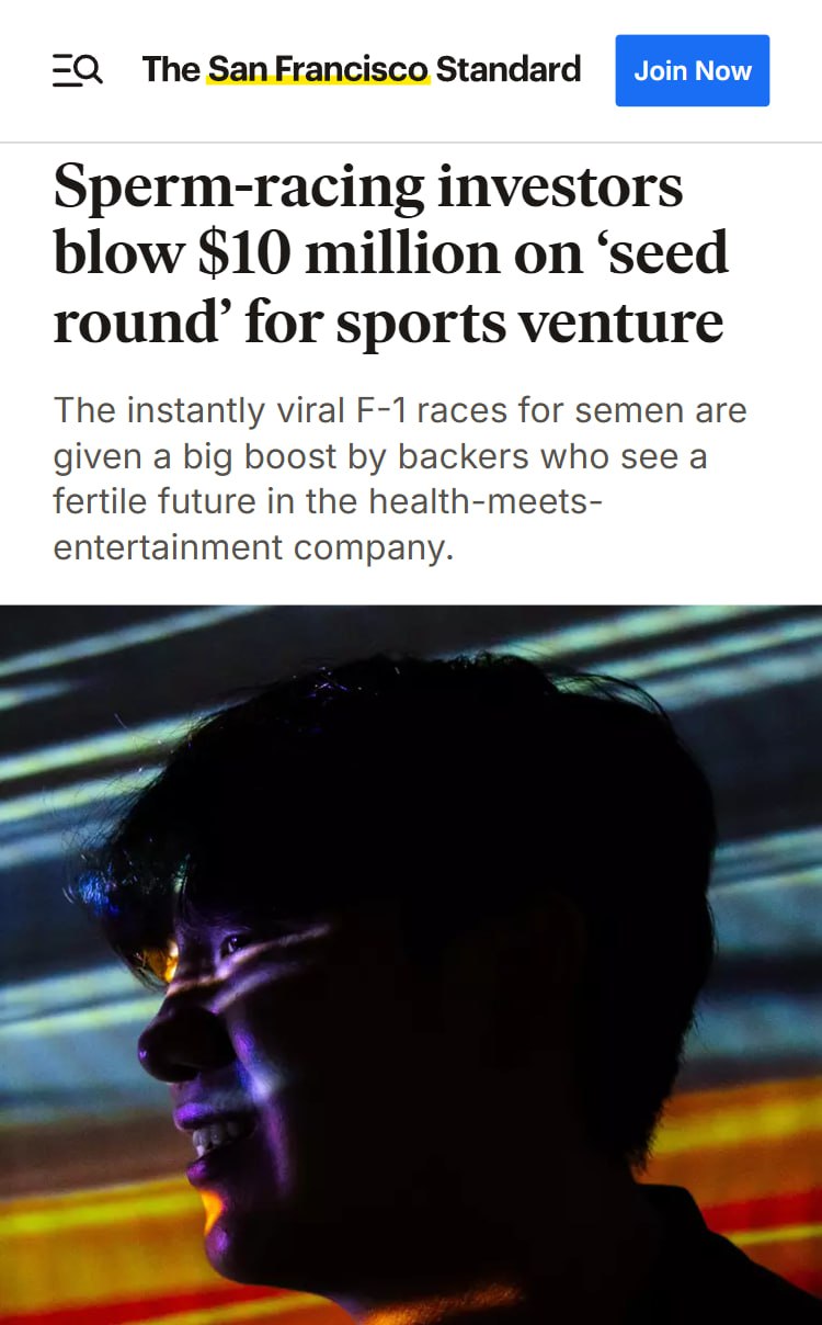 Зумер заработал 75 МЛН на СПЕРМЕ 18 летний Эрик Чжу основал стартап Sperm Racing Здесь мужчины соревнуются в скорости и выносливости своей спермы Люди делают ставки а инвесторы вкладываю десятки миллионов долларов Что в этом мире еще не монетизировали
