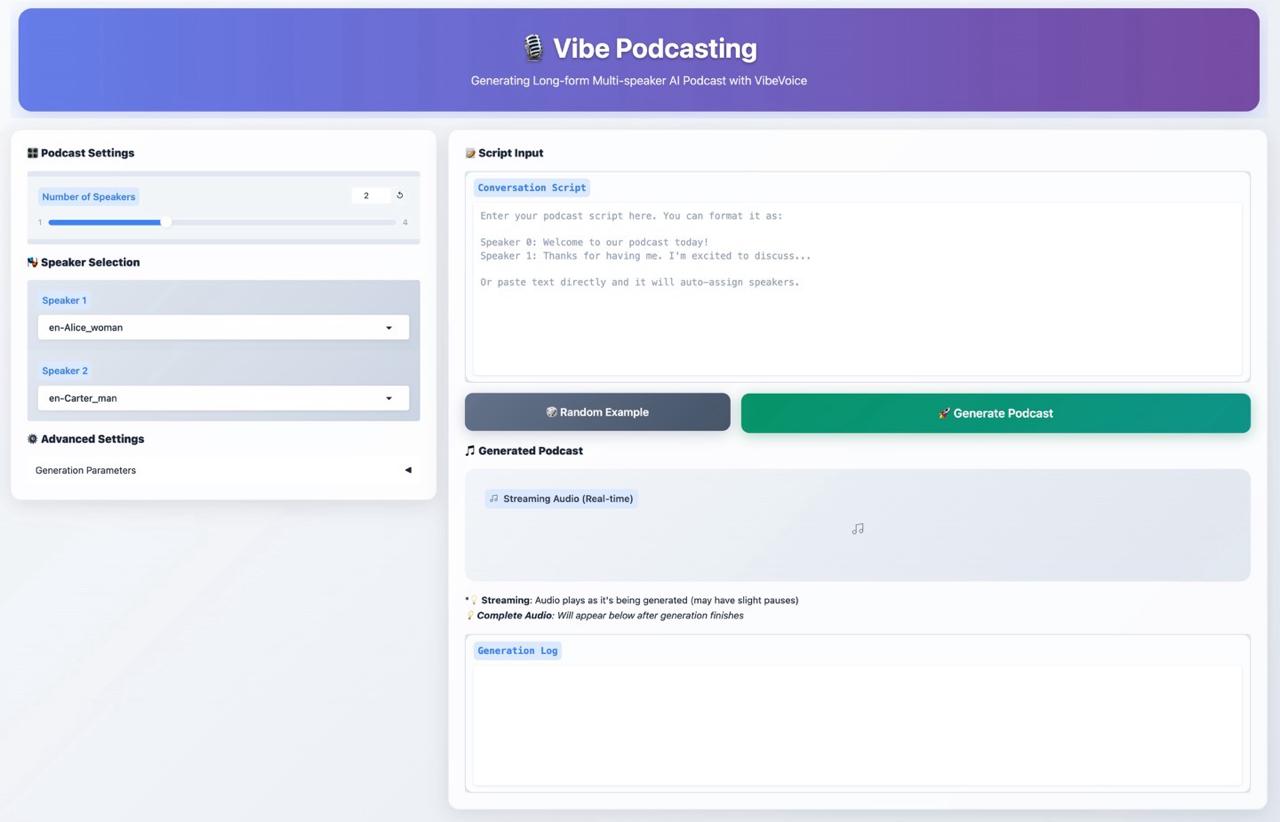 Microsoft выпустила бесплатную нейросеть VibeVoice Она создает аудио длиной 90 минут с диалогами на 4 человек Модель имитирует естественный разговор но без перебиваний При этом нейросеть не умеет добавлять фоновые звуки музыку и звуковые эффекты VibeVoice 1 5B поддерживает только английский и китайский языки Модель выложена на GitHub Для её работы потребуется минимум 7 ГБ видеопамяти поэтому подойдёт любая видеокарта с 8 ГБ например RTX 3060 Также протестировать VibeVoice 1 5B можно бесплатно на отдельном сайте достаточно вставить текст сценария выбрать число спикеров и их голоса www iphones ru iNotes microsoft vypustila besplatnuyu neyroset vibevoice ona sozdaet audio dlinoy 90 minut s dialogami na 4 chelovek новости iphonesru