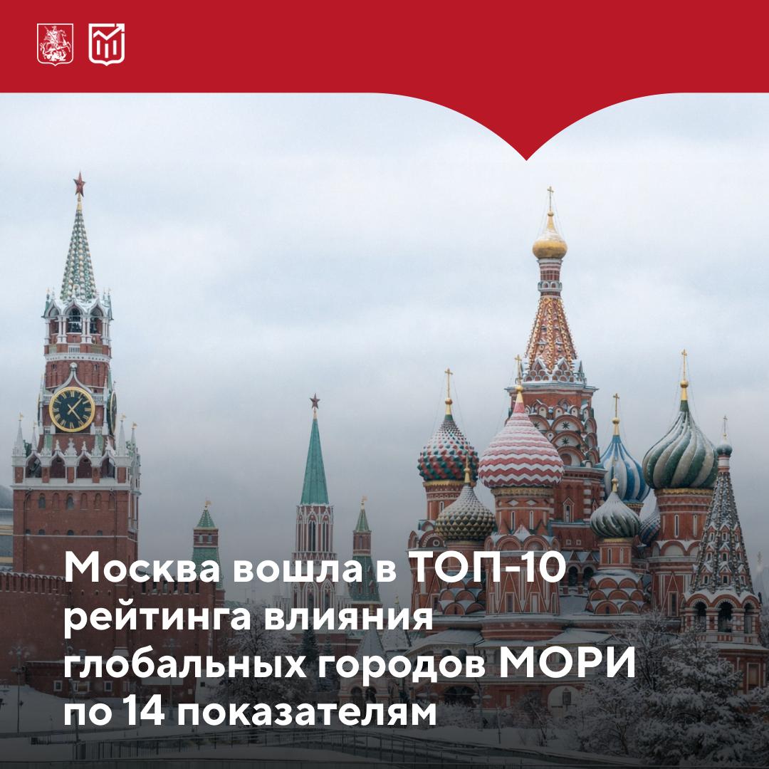 Индекс влияния глобальных городов МОРИ новые результаты столицы 17 декабря японский Институт городских стратегий Фонд MORI представил ежегодный Индекс влияния глобальных городов Достижения Москвы Сохранила лидерство по достопримечательностям среди самых влиятельных городов мира Получила первое место по показателю Музеи Заняла второе место по количеству зеленых насаждений Вошла в топ 10 по ряду других показателей а именно номинальный ВВП города общая занятость уровень безработицы количество рабочих часов на душу населения в год индекс цен экономический риск стихийных бедствий количество магазинов розничной торговли удобство передвижения на общественном транспорте количество культурных мероприятий количество театров количество стадионов В 2025 году в рейтинге соревновались 48 глобальных городов мира Рассказываем про экономику Москвы на всех платформах Подписывайтесь на наш канал в МАХ