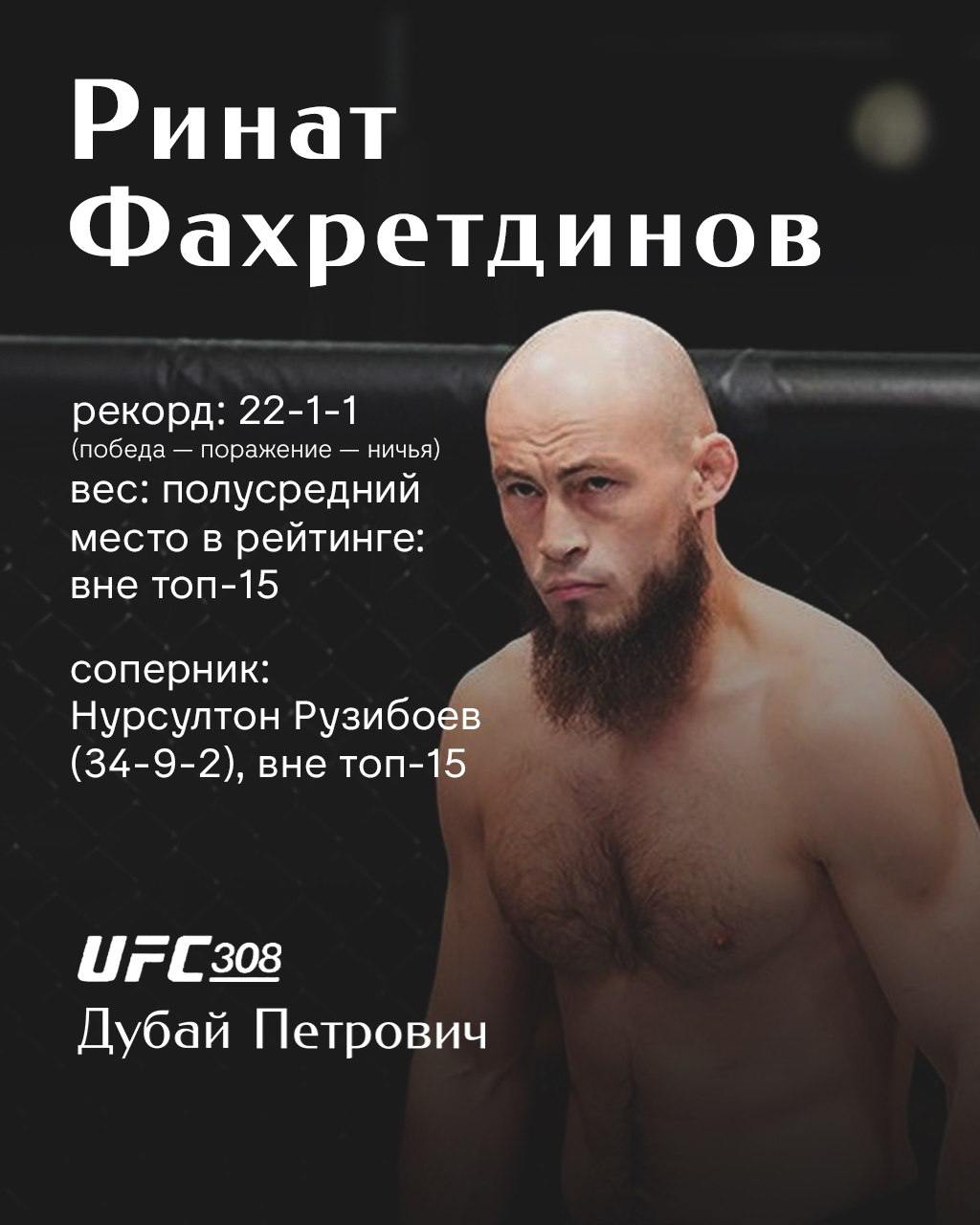 Tурнир по смешанным единоборствам UFC 308  26 октября на «Бойцовском острове» UFC в Абу-Даби состоится турнир по смешанным единоборствам UFC 308.  В главном бою вечера действующий чемпион UFC в полулегком весе, испанец грузинского происхождения Илия Топурия будет защищать свой титул перед экс-чемпионом  обладателем титула BMF , американцем Максом Холлоуэйем  №2 в рейтинге .   Второй по значимости поединок пройдет в среднем весе, там бывший чемпион UFC этого дивизиона Роберт Уиттакер  № 3 в рейтинге  сразится с чеченским представителем ОАЭ, Хамзатом Чимаевым  № 12 в рейтинге .  В карточках — краткая информация про российских бойцов на грядущем турнире.