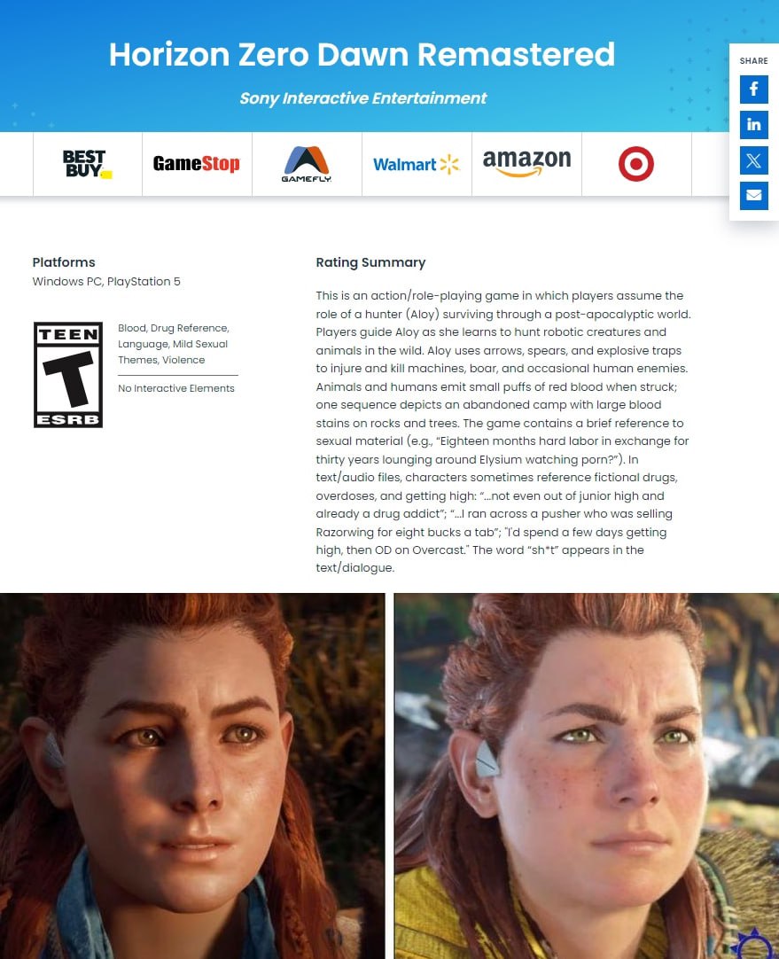 Очередной ремастер от Sony.  На сайте ESRB упоминается Horizon Zero Dawn Remastered. Игра выйдет на PS5 и ПК. При этом на ПК уже есть Horizon Zero Dawn.  Кто знает, может Sony сделает этот ремастер на технологиях и ассетах второй части.   myPlayStation