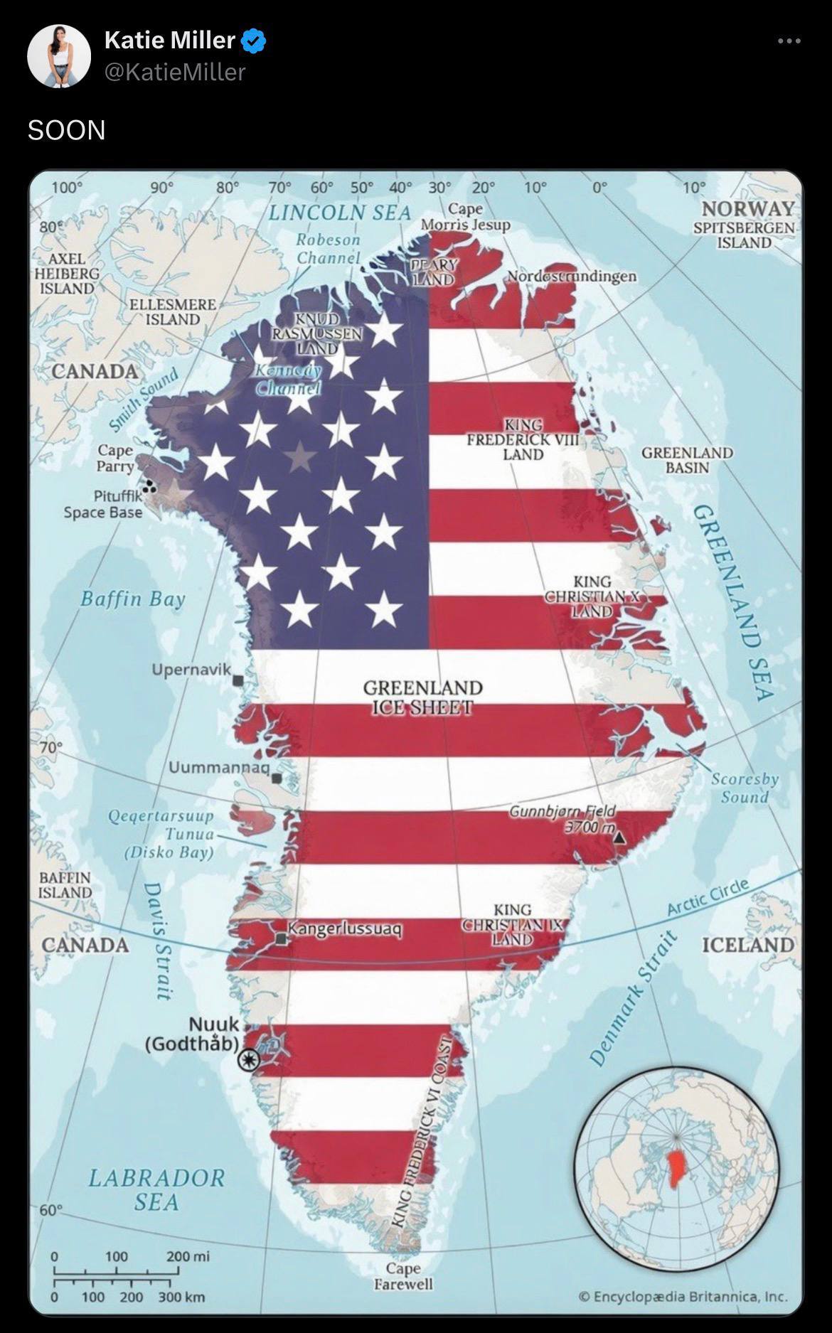 Жена заместителя главы администрации Белого дома Стивена Миллера опубликовала карту Гренландии в цветах флага США с подписью Скоро Аппетит приходит во время еды madam secretar