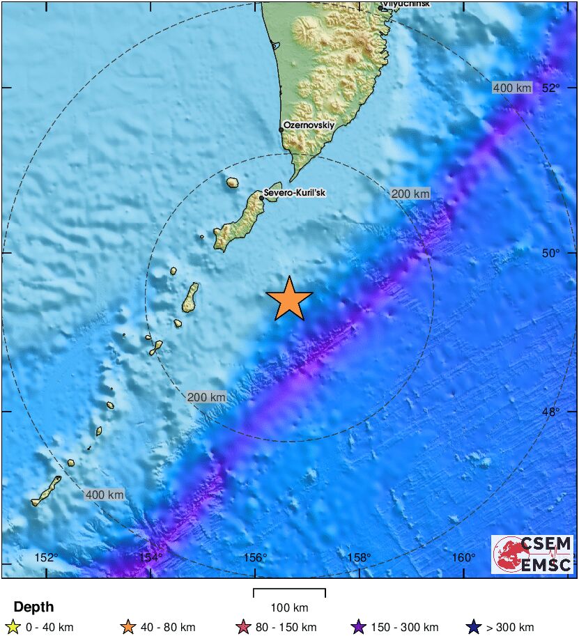 Землетрясение магнитудой 4.1 произошло - 146 км к юго-востоку от Северо-Курильска, Россия. В четверг, 23 января 2025 года, в 08:02  UTC .    Магнитуда: 4.1   Глубина: 40 км.   Широта / Долгота: 49.41 / 156.66   Каталог: EMSC    Близлежащие населенные пункты: В 429 км к югу от Петропавловска-Камчатского, Россия. В 146 км к юго-востоку от Северо-Курильска, Россия.