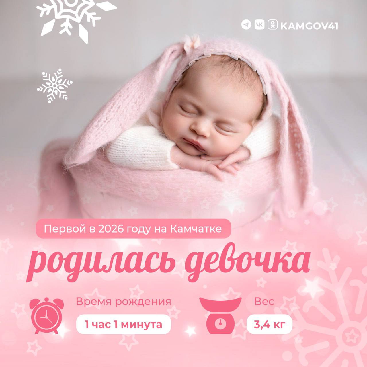 Первым малышом родившимся на Камчатке в 2026 году стала девочка появившаяся на свет в 1 01  Вес девочки 3 килограмма 380 граммов Новорожденная и ее мама чувствуют себя хорошо Напомним что каждый новорожденный на Камчатке получает набор состоящий из первых и самых необходимых вещей для младенцев Проект Подарок новорожденному был инициирован главой региона Владимиром Солодовым в 2020 году Его вручают родителям при выписке из роддома или при оформлении свидетельства о рождении в органах ЗАГСа Также в 2026 году расширяется перечень мер поддержки для семей с детьми Так по решению краевого парламента региональный материнский капитал на первого ребенка могут получить женщины любого возраста и любого семейного положения Подписаться на нас в MAX камчатка камчатскийкрай новорожденные Подарокноворожденному ВладимирСолодов