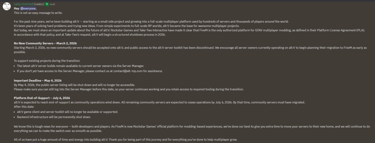 Take Two связалась с авторами alt V альтернативный мультиплеер для GTA V и сказала им свернуть лавочку Компания заявила что единственная платформа которой разрешено играться с GTA V и мультиплеером FiveM alt V полностью перестанет функционировать 6 июля 2026 года