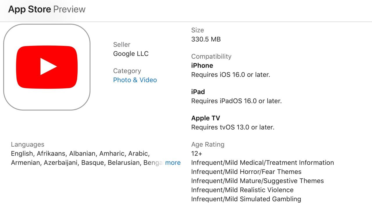YouTube больше не работает на старых iPhone. Google обновила приложение YouTube — и теперь оно не запустится на устройствах с iOS ниже 16. Вылетают: iPhone 6S, 7, первый SE, iPod touch 7-го поколения, iPad Air 2 и iPad mini 4. Новые версии им больше не доступны, а старые скоро перестанут работать. Можно пока пользоваться через браузер, но это костыль. Кажется, пришло время прощаться со старичками..