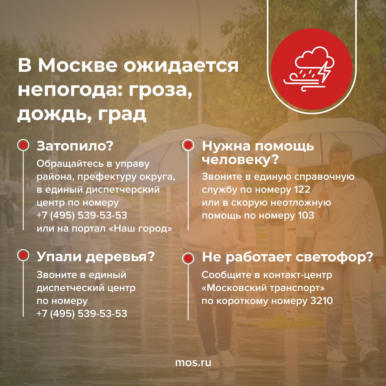 Сегодня в Москве ожидается непогода. Синоптики прогнозируют ливни, грозу, в отдельных районах возможен град. Порывы ветра могут достигать 17 м/с.   Будьте осторожны на улице, не прячьтесь под деревьями и не паркуйте рядом с ними автомобили. Если вы увидели сломанные светофоры или ненадежно закрепленные конструкции, сообщите об этом на странице проекта «Безопасное лето» или по указанным в карточке телефонам.     -канал «Город Москва».