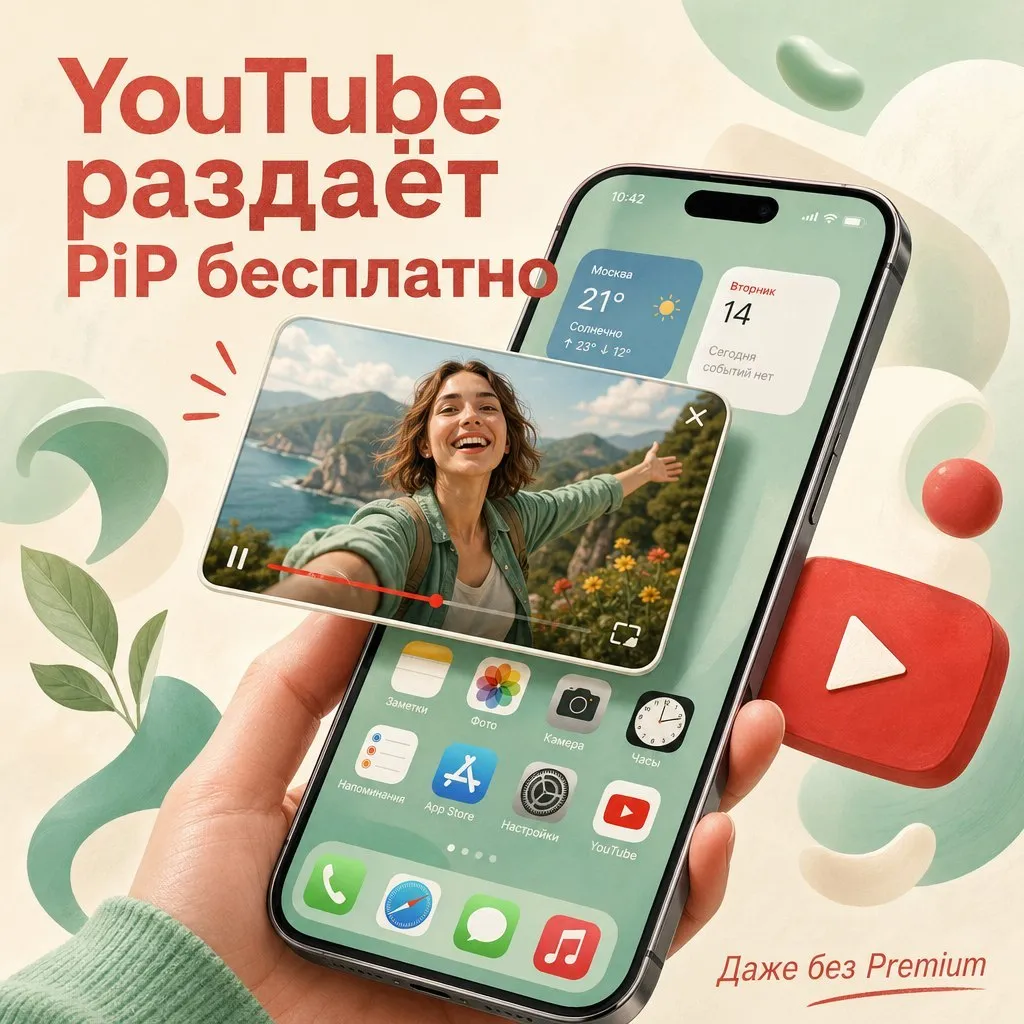YouTube разблокирует картинку в картинке для всех YouTube наконец то раскатывает бесплатный режим картинка в картинке на айфонах по всему миру Раньше за пределами США эта функция работала только у подписчиков Premium а теперь будет доступна всем для обычных не музыкальных видео Правда раскатка займёт ближайшие месяцы так что придётся немного подождать
