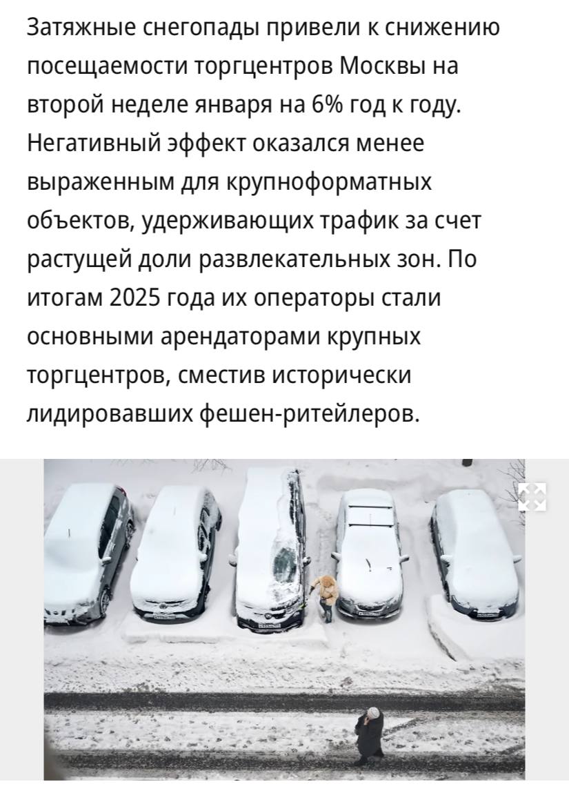 Посещаемость торговых центров Москвы на второй неделе января рухнула на 6 год к году из за затяжных снегопадов сообщает Коммерсантъ Эксперты также отмечают что снегопады повлияли на онлайн розницу из за снижения транспортной доступности работа служб доставки замедляется