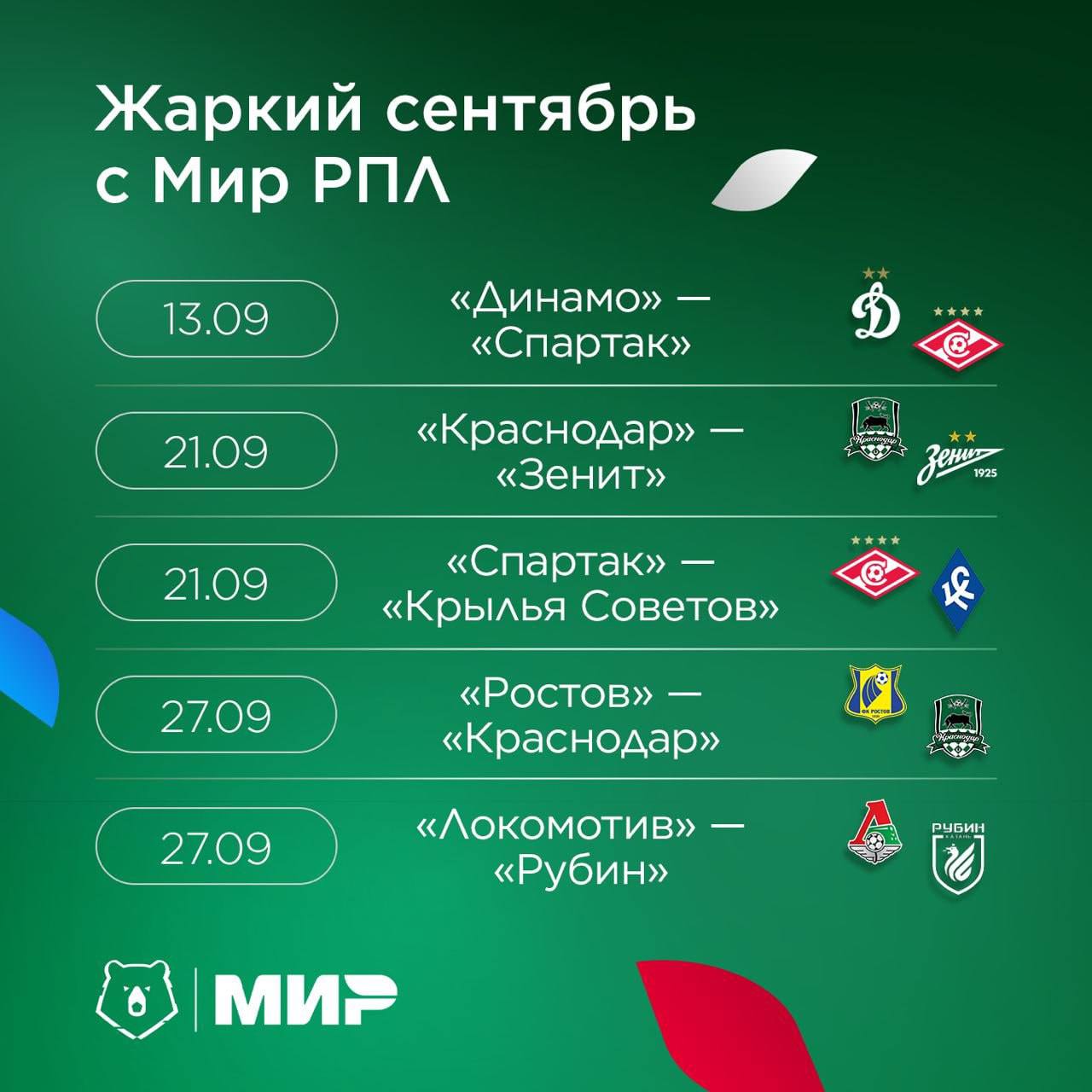 Не пропустите самые яркие встречи Мир Российской Премьер Лиги в сентябре Специально для вас мы собрали самые яркие матчи которые точно стоит посмотреть 13 сентября Динамо Спартак Классическое московское дерби никогда не бывает скучным В последней встрече победа досталась Динамо Чем ответит Спартак 21 сентября Краснодар Зенит Действующий и бывший чемпионы на одном поле это всегда интересно Краснодар постарается навязать свою игру а Зенит покажет класс атакующего футбола Обещает быть зрелищно 21 сентября Спартак Крылья Советов Матч станет важным испытанием для команд Обе продолжают бороться за улучшение своих позиций в Мир РПЛ и им предстоит показать свой лучший футбол 27 сентября Ростов Краснодар Ростову нужно подняться как можно дальше от зоны вылета а Краснодар стремится укрепить позиции в верхней части таблицы Острое и драматичное южное дерби гарантировано 27 сентября Локомотив Рубин Интригующая встреча с возможными сюрпризами Лучшие бомбардиры чемпионата Батраков и Даку встретятся на одном поле Посмотреть на эту дуэль будет интересно независимо от того за кого вы болеете Каждый из матчей стоит того чтобы увидеть его с трибуны Тем более в этом сезоне за каждую вторую покупку билетов на сайте или в мобильном приложении футбольных клубов и агрегаторов вы получите кешбэк 10 при оплате картой Мир