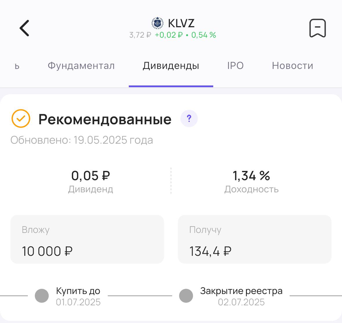 КЛВЗ Кристалл объявляет дивиденды Совет директоров алкогольной группы Кристалл #KLVZ рекомендовал акционерам дивиденды за 2024 год. Размер дивиденда — 0,05₽ на акцию. Доходность 1,34% Последний день для покупки акций для получения дивидендов — 1 июля #дивиденды