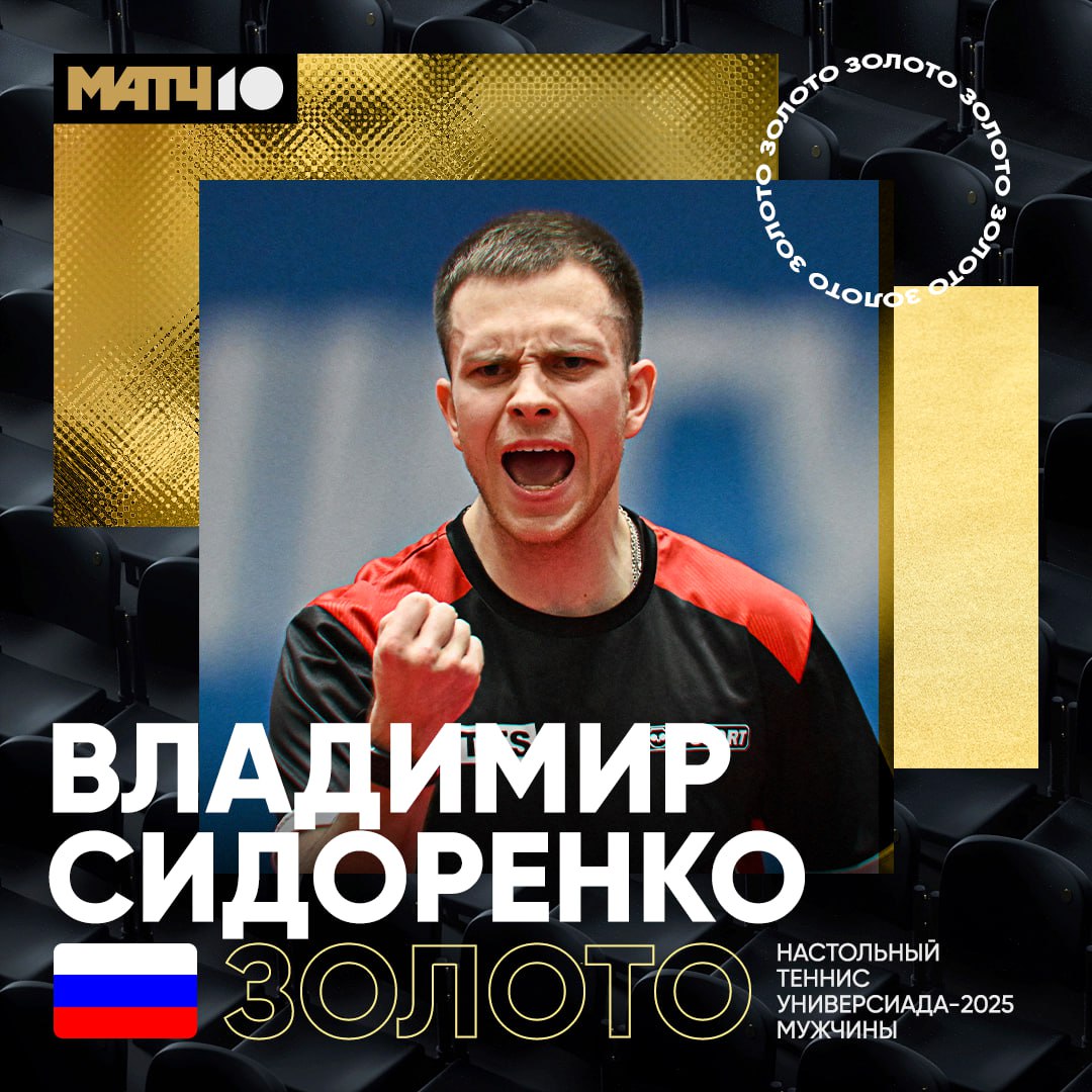Владимир Сидоренко выиграл соревнования по настольному теннису на Универсиаде‑2025  В финале мужского одиночного турнира россиянин обыграл соотечественника Максима Гребнева – 10:12, 11:8, 11:8, 11:6, 11:6.  Прямые трансляции соревнований Универсиады смотри на Матч ТВ и каналах холдинга