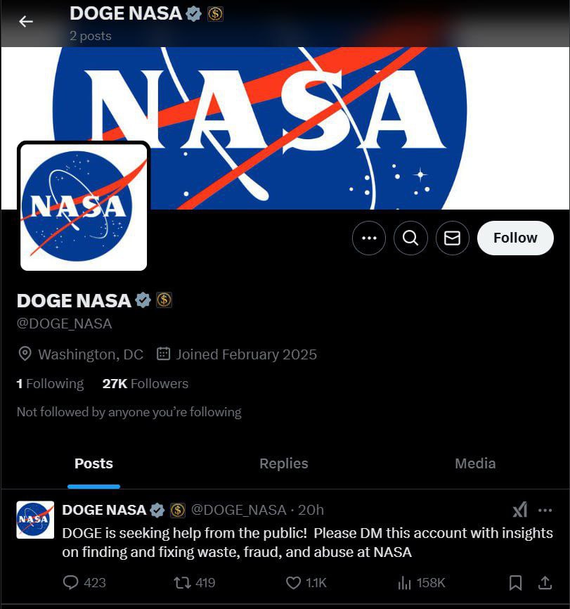 Департамент эффективности правительства США  DOGE , возглавляемый Илоном Маском, призвал американцев сообщать о любых случаях мошенничества, растраты и злоупотреблений в космическом агентстве NASA.  Пост с таким призывом был опубликован недавно созданным специально для этого аккаунтом департамента в соцсети Х. Специальные аккаунты департамента с аналогичными призывами были созданы и для других государственных ведомств, включая Администрацию социального обеспечения и Министерство образования.  #РОССИЯ #УКРАИНА  #СВО # #НОВОСТИ #СВО24 #США #НАТО #БЕЛОРУССИЯ #ЕВРОПА #ООН #ЛАВРОВ #ШОЙГУ #ГЕРАСИМОВ #БЕЛОУСОВ #МОСКВА #КРЕМЛЬ #ПВО #ДРСМД #РСМД #СНВ #ПРО #ДОГОВОР #МЮНХЕНСКАЯ #КОНФЕРЕНЦИЯ #БЕЗОПАСНОСТЬ #МИГРАНТЫ #СИРИЯ #АФГАНИСТАН #АЗИЯ