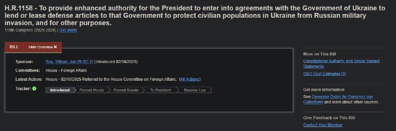 На сайте Конгресса США опубликован проект закона о ленд-лизе для Украины, предложенный республиканцем Уилсоном.