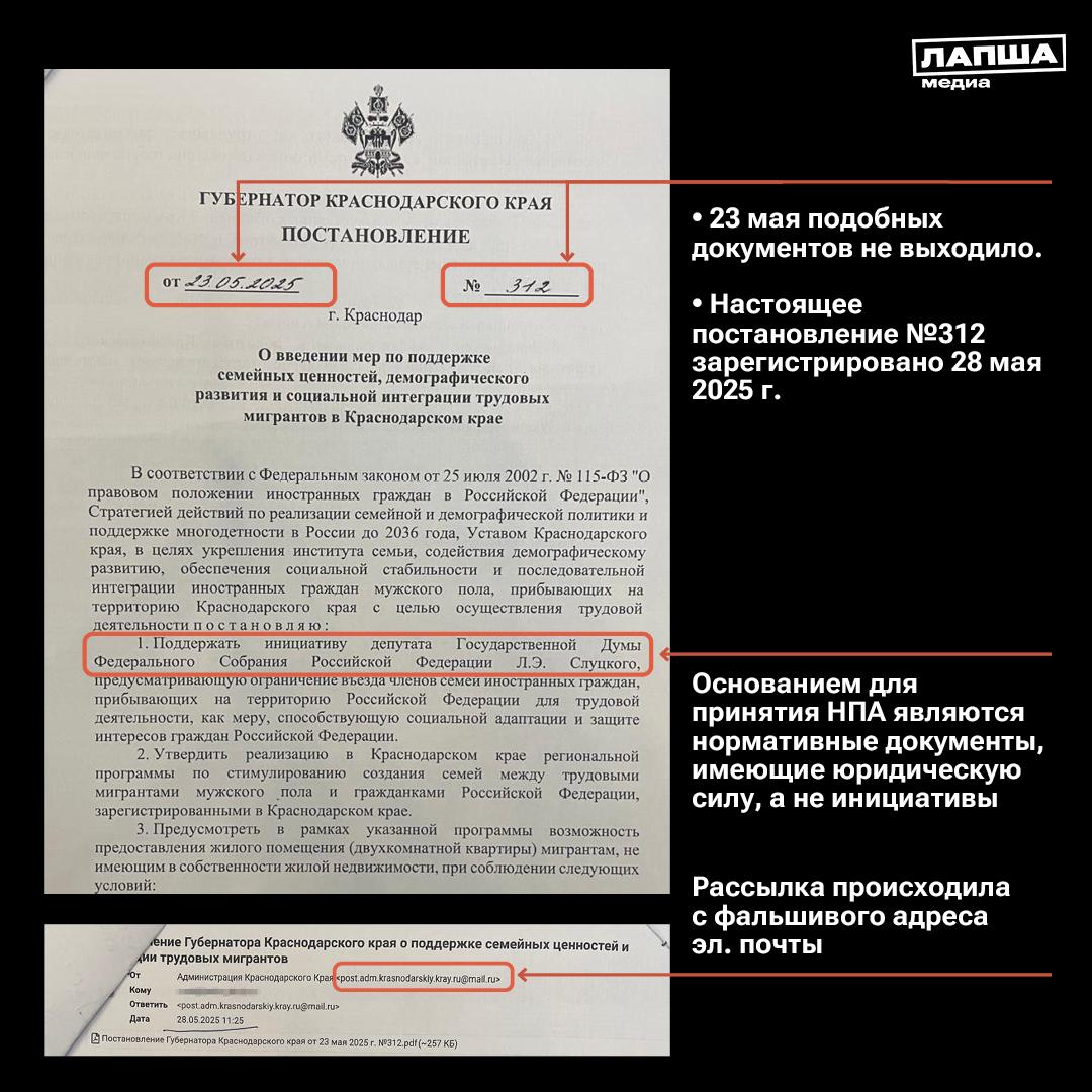 В Сети расходится фейковый документ от имени губернатора Краснодарского края. Якобы теперь мигранты, не имеющие жилплощади, могут получить двухкомнатную квартиру заключив брак с жительницами Кубани. Оперштаб региона опроверг информацию о подобных программах, назвав документ подделкой. Фальшивое постановление рассылали с бесплатного почтового ящика, не имеющего отношение к администрации региона. «Это «постановление» — очередная подделка. В первом пункте фальшивого документа указана ссылка на инициативу депутата Государственной Думы. Такую формулировку не используют в постановлениях Губернатора», — прокомментировали в региональном оперштабе. Основанием для принятия нормативных актов являются исключительно нормативные документы, имеющие юридическую силу. Предложения и инициативы к таким документам не относятся. В день регистрации поддельного постановления не выходил ни один подобный документ. Постановление с номером «312» зарегистрировано от 28 мая 2025 года, оно опубликовано на официальном портале правовой информации. Подпишитесь на «Лапша Медиа»