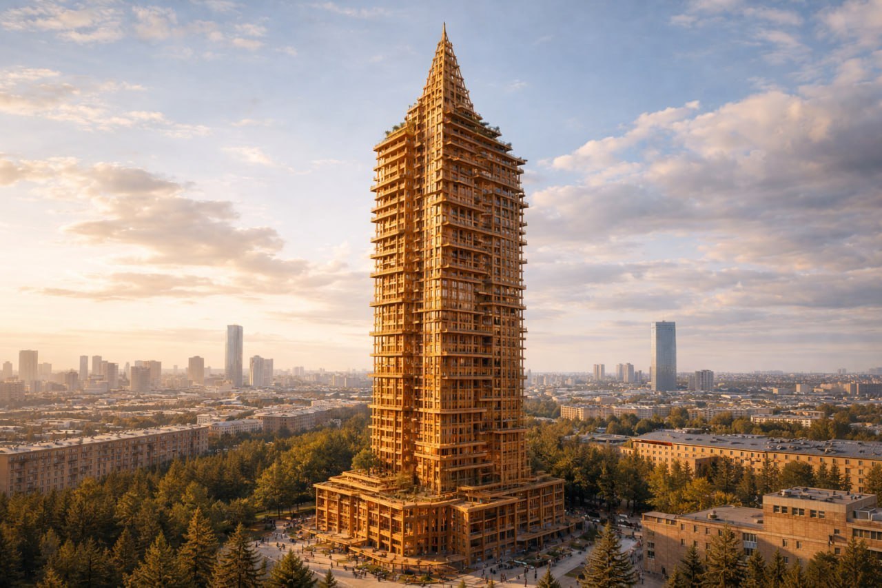 Небоскрёбы из дерева будут строить в России МЧС готовится снять ограничения на этажность зданий из натуральных клееных панелей Всё из за того что кирпичные дома обходятся слишком дорого у людей нет денег на них Эксперты успокаивают что деревянные дома не дают усадки имеют хорошую звукоизоляцию стены не продувает а если случится пожар восстановить строение будет несложно и недорого