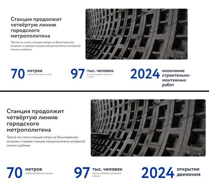 Метрострой подтвердил актуальность сроков по запуску станции "Горный институт"  Сейчас в разделе сайта, посвящённом стройке, сообщается, что на этот год запланировано окончание строительно-монтажных работ. Ранее формулировка была иная — открытие движения в 2024 году, прежняя версия страницы сохранилась в веб-архиве.  Как сообщили "Деловому Петербургу" в МССС, сроки запуска не поменялись, а данные сайта исправлены по другой причине.