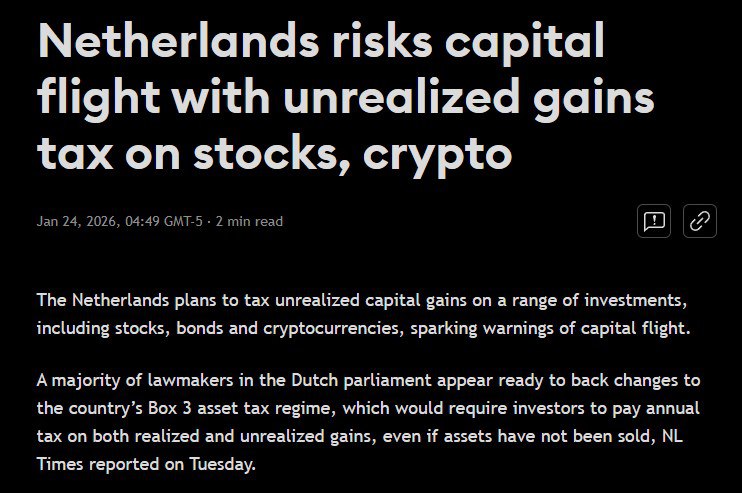 Левая власть Нидерландов вводит налоги на богатство и криптовалюту Новое левое правительство Нидерландов объявило о введении нового налога взимания средств с богатства а также доходов от нереализованной прибыли по акциям и криптовалюте Эксперты предполагают что такие меры могут спровоцировать миграцию состоятельных жителей страны в другие юрисдикции с менее жестким налогообложением investing investing