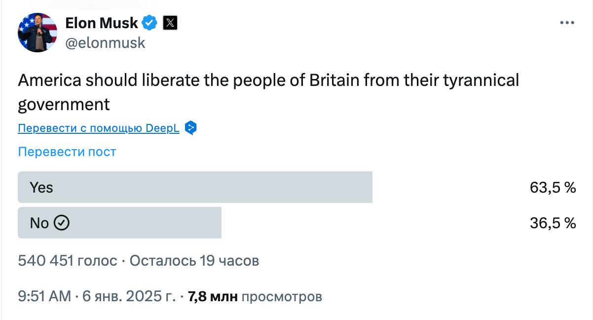 Маск продолжает призывать к смене власти в Британии. Теперь он заявил, что Вашингтон должен вмешаться и "освободить" жителей острова.  "Америка должна освободить народ Британии от его тиранического правительства", - заявил предприниматель из команды Трампа в Х и прикрепил опрос, согласны ли пользователи с таким утверждением.  На момент написания этой новости большинство  63,5%  были согласны.  Ранее Маск призывал отправить в отставку премьера Стармера из-за скандала с провалом расследования массовых изнасилований детей пакистанцами.  Сайт "Страна"   X/Twitter   Прислать новость/фото/видео   Реклама на канале   Помощь