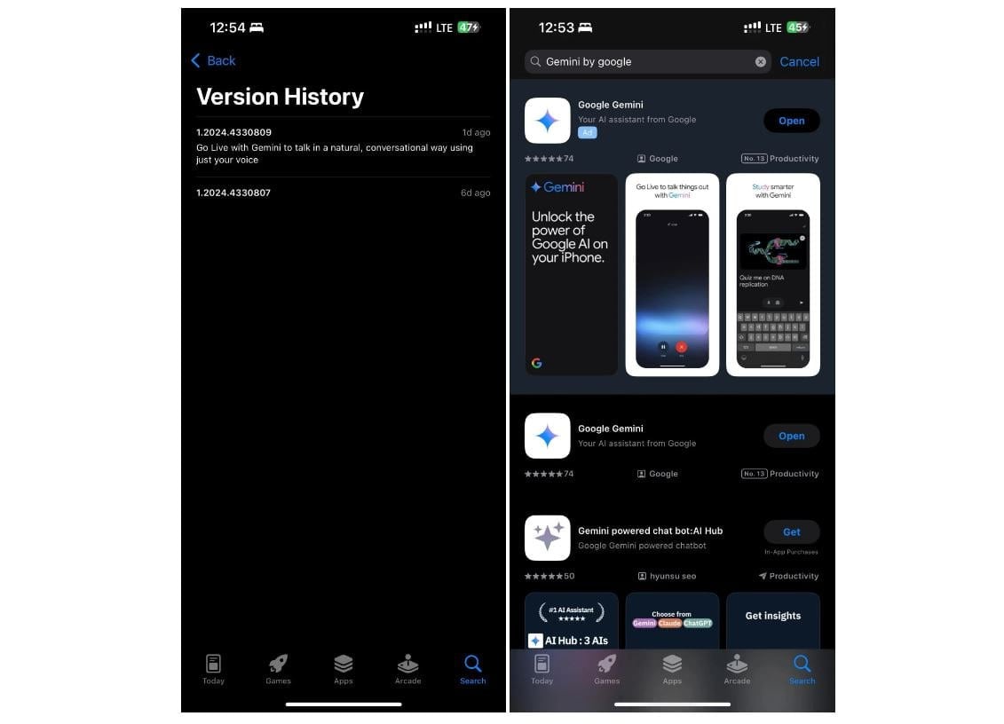 Google Gemini теперь в App Store для iPhone?    Пользователь iPhone заметил отдельное приложение Google Gemini с доступом к функции Gemini Live, что ранее было частью обычного поискового приложения Google. Теперь иконка Gemini красуется на главном экране с призывом: «Откройте возможности Google AI на вашем iPhone».   Особенность — голосовой интерфейс, который работает в фоновом режиме благодаря Live Activity, позволяя использовать Gemini, пока вы выполняете другие задачи на смартфоне.    Пока что приложение доступно только на Филиппинах, а пользователи в США всё ещё ждут. Зачем Google тестирует его выборочно? Возможно, готовится что-то масштабное — новый стандарт взаимодействия с AI для iPhone?