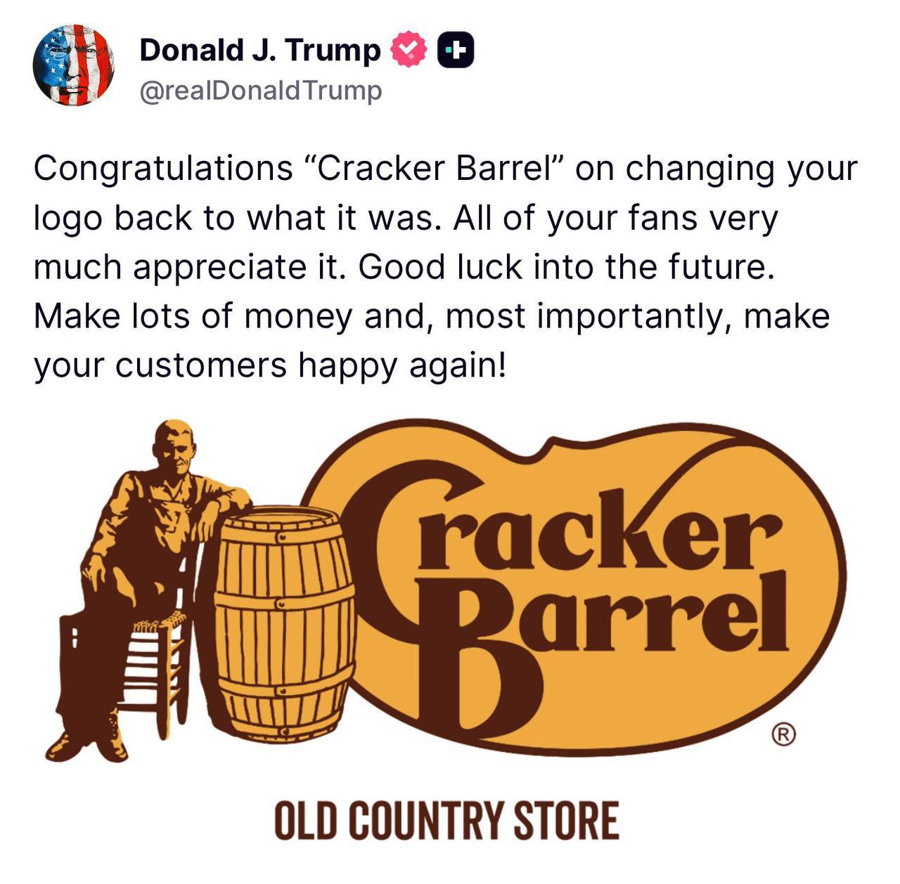 После многочисленных негативных отзывов сеть кафе Cracker Barrel всё таки вернула старую эмблему и оформление своих заведений Дональд Трамп сразу же принял эту новость как личный успех и поздравил сеть с правильным бизнес решением Дмитрий Никотин Подписаться