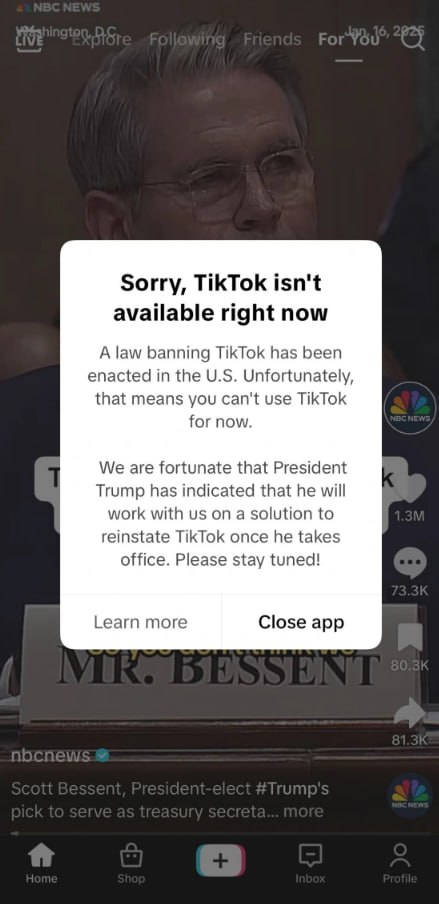 TikTok заблокировали в США — 170 миллионов пользователей не имеют доступа к TikTok. - [статья]  В субботу пользователи не могли получить доступ к TikTok, вместо этого на их экранах появилось всплывающее сообщение с текстом: "Закон о запрете TikTok вступил в силу".   Приложение также было удалено из App Store и Google Play, что сделало его недоступным для загрузки.     The Economist