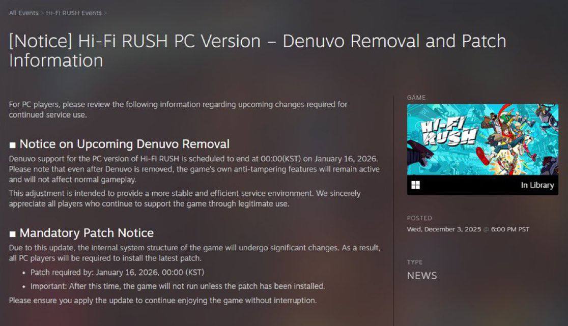 Hi Fi Rush лишится Denuvo 16 января UPD микропатч уже удалил Denuvo из игры После 16 января игра не запустится без патча