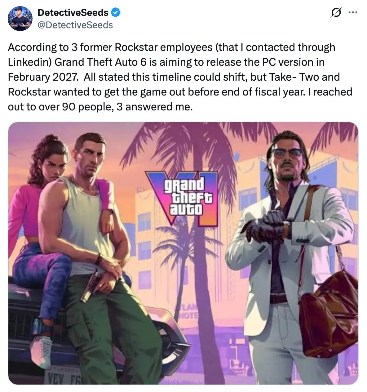 GTA VI может выйти на ПК в феврале 2027 года всего через 4 месяца после релиза на консолях Об этом инсайдеру DetectiveSeeds рассказали три бывших разраба из Rockstar Если подтвердится это будет самый короткий промежуток между выходами игр Rockstar на всех платформах RDR 2 выпустили на ПК через год а GTA V через полтора Владельцы PS5 и Xbox Series смогут поиграть в GTA VI уже 19 ноября