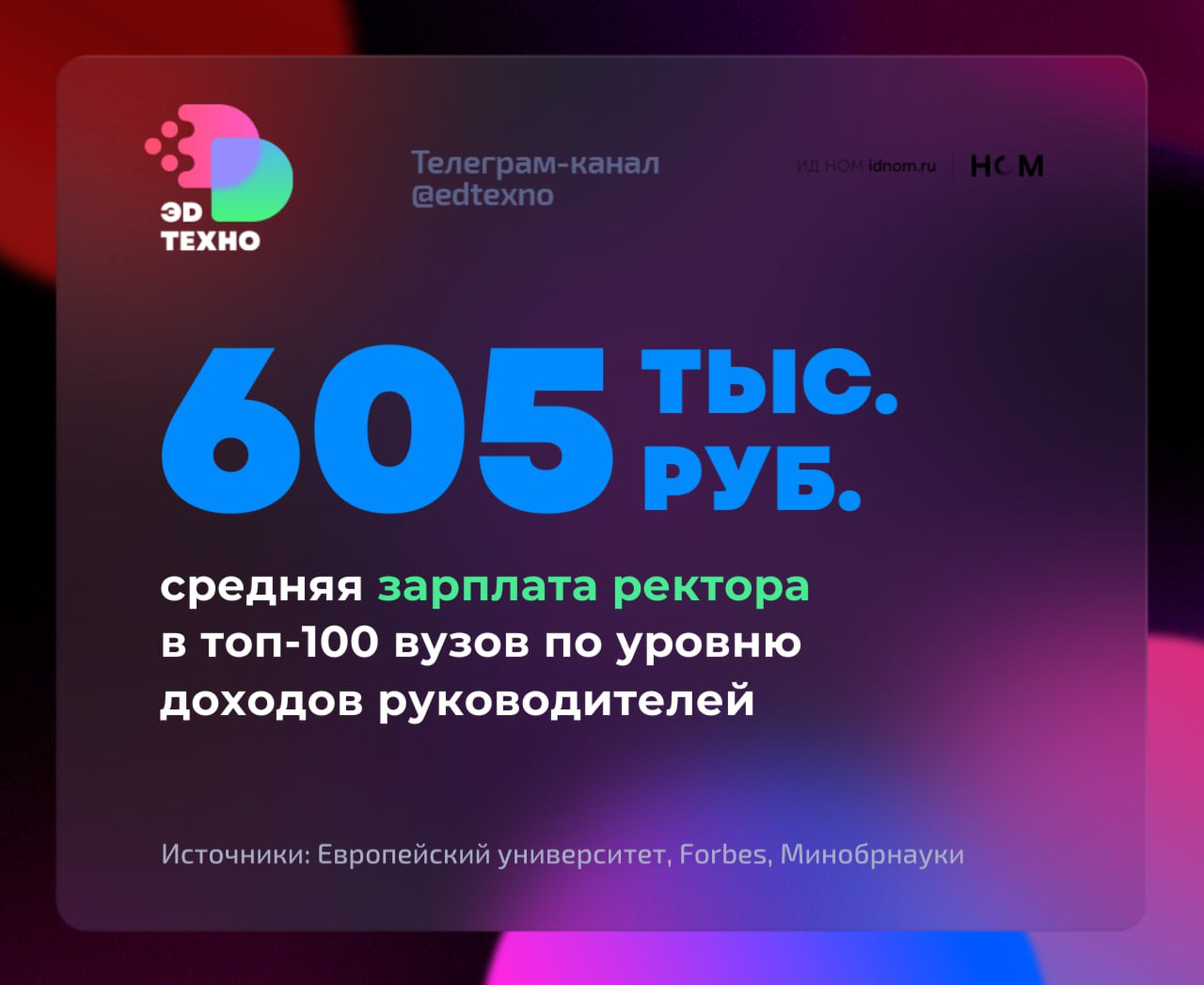Господа ректоры, а это ваши миллионы!   В среднем ректоры российских вузов получают 605 тыс. рублей в месяц, следует из нового исследования Европейского университета.    В выборку не вошли вузы, которые подчиняются правительству — в т.ч. МГУ им. Ломоносова, НИУ ВШЭ, СПбГУ, — а также вузы-подведы отраслевых министерств.    В четырёх вузах ректор  получает чуть больше 1 млн рублей: Росбиотех, ИТМО, РУДН, МИРЭА — РТУ.   Замыкают рейтинг шесть вузов с зарплатами руководителей от 390 до 396 тыс. рублей: Университет Решетнева, РГУТИС, АмГУ,  МГППУ, ТГУ  Тольятти , ГГУ  Гжель, Мособласть .   В большинстве вузов, которые попали в список ректоров и список преподавателей, расходятся в пять-шесть раз. Но есть и выбросы: например, в ТГУ  Томск  — в девять раз.   Исследование провёл Европейский университет с привлечением данных Минобрнауки, мониторинга деятельности организаций высшего образования.  ™  Эдтехно