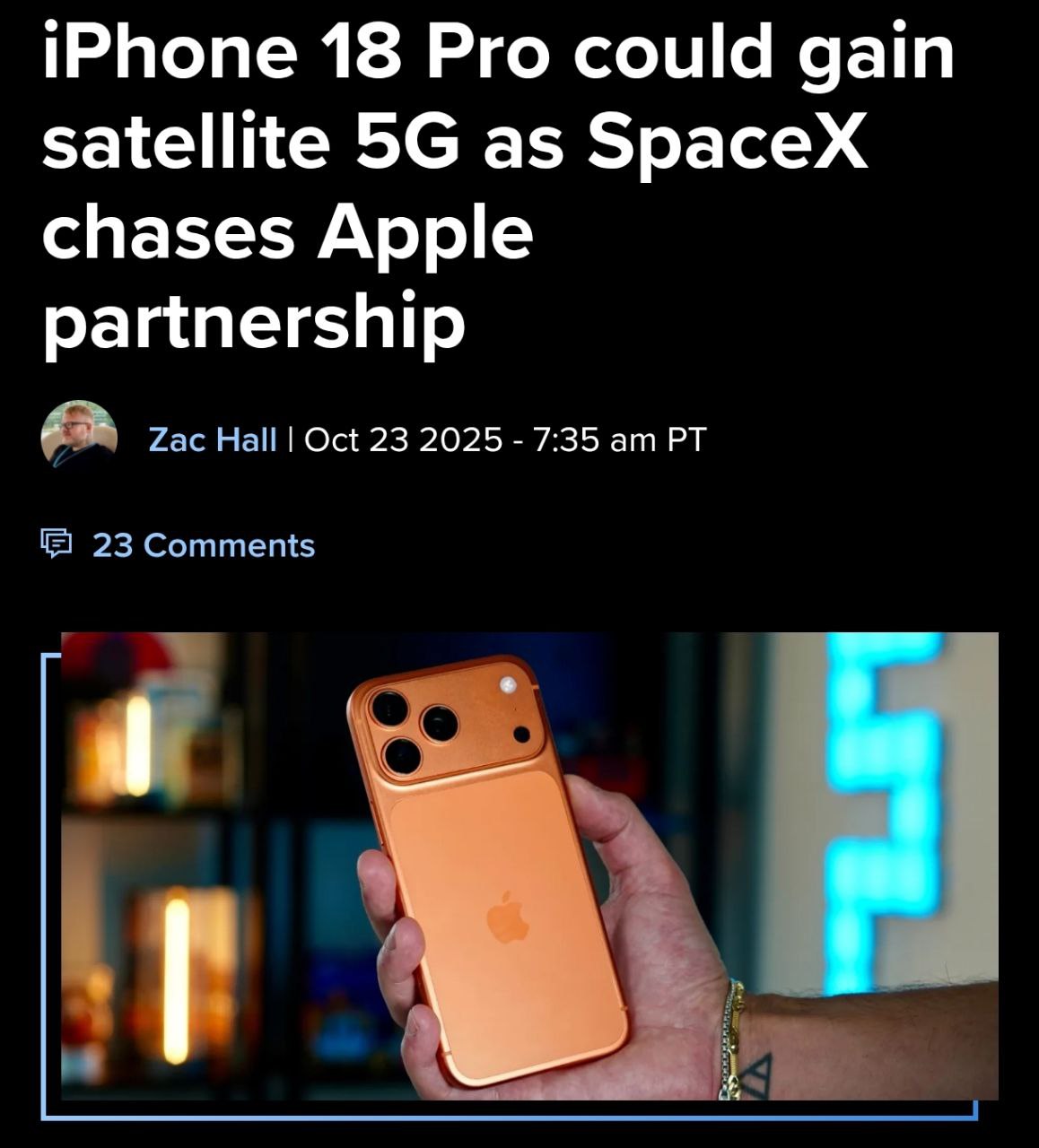Apple готовится к крупной сделке со SpaceX По слухам уже в следующем году iPhone 18 Pro сможет подключаться к спутниковому интернету Starlink напрямую Сейчас айфоны умеют отправлять SOS сообщения через спутники но это работает только для экстренных случаев и не даёт полноценного интернета Если партнёрство со SpaceX подтвердится пользователи смогут выйти в сеть буквально из любой точки планеты хоть в горах хоть в океане Маск делает связь из любой точки планеты а москвичи до сих пор иногда в Шереметьево телепортируются