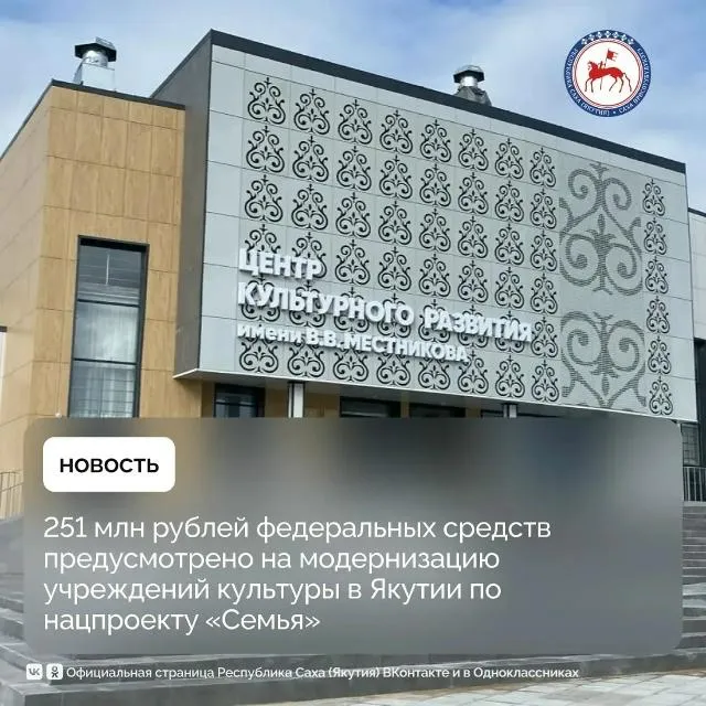 Культурная Якутия Республика получила щедрый транш из федерального бюджета более 251 млн рублей которые направят на развитие культурной инфраструктуры Деньги пойдут на ремонт и модернизацию музеев театров библиотек и домов культуры по всей республике Обновят даже Центр культуры и народного творчества в Покровске Планируют создать детские культурные центры и оснастить музеи современным оборудованием   Читайте новости Саха вам не Деште Лут в МАХ