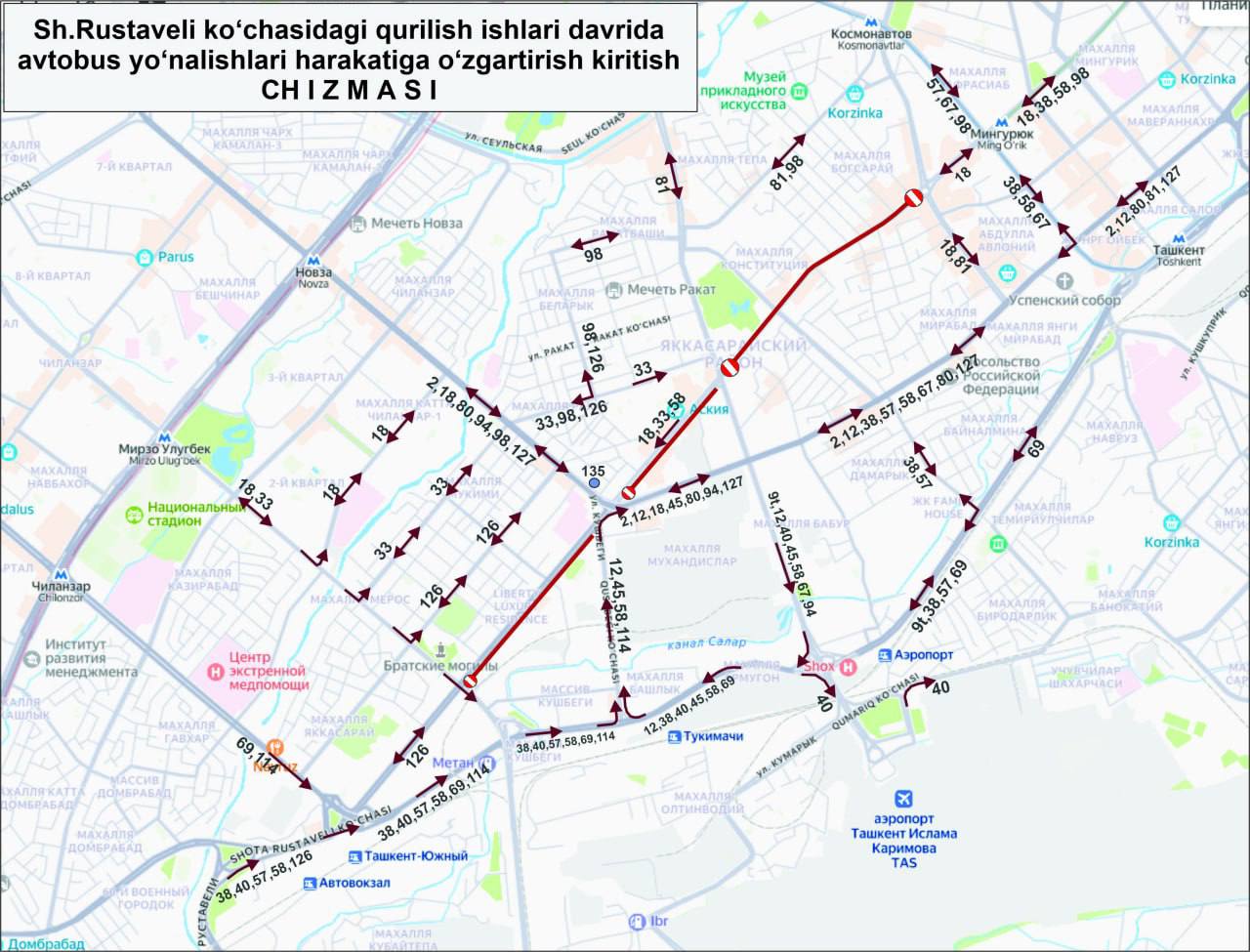 Стало известно как будут курсировать автобусы в связи с реконструкцией следующего участка улицы Шота Руставели От этом сообщает Дептранс г Ташкента В связи с проведением строительных работ на улице Шота Руставели на участке от гостиницы Grand Mir до улицы Чупон ота во временном порядке внесены следующие изменения в движение автобусных маршрутов маршруты 12 45 движение организовано по улицам Бобур Кичик Халка йули Кушбеги Мукими Бобур односторонняя схема в виде кольца маршрут 18 движение по улицам Мукими Арнасой Чупон ота маршрут 33 движение по улицам Чупон ота С Сирожиддинова Шохжахон Бобур маршрут 126 движение по улицам Ш Руставели Чупон ота Боги Бостан Ат Термизий Урикзор Бобур маршруты 69 114 движение по улице Кичик Халка йули без заезда на улицы Боги Бостан и Чупон ота маршруты 38 40 57 58 движение от остановки Южный вокзал по улице Кичик Халка йули маршрут 67 двухстороннее движение по улицам Шахрисабз Ойбек Нукус Бобур маршруты 81 98 движение по улицам Юсуф Хос Хожиб Бобур маршруты 2 80 94 127 движение по улице Мукими участок от улицы Бобур до улицы Ш Руставели маршрут 135 укорочен конечная остановка Улица Мукими В период реконструкции возможно увеличение загруженности улиц При необходимости в движение маршрутов будут внесены дополнительные изменения Время движения и интервалы между автобусами могут быть больше обычного Главное управление по развитию транспорта и дорожно транспортной инфраструктуры г Ташкента Tashkent Land
